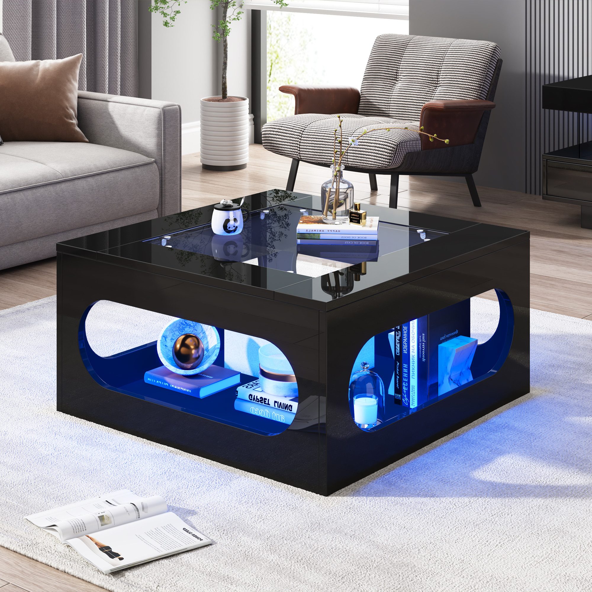 HAUSS SPOLE Couchtisch mit Glasplatte,Wohnzimmertisch Hochglanz-Sofatisch mit LED-Licht (Satztisch, Wohnzimmertisch, 1-St., 70*70*35cm quadratischer Teetisch), Hochglanz LED Beistelltisch mit Tischplatte aus gehärtetem Glas