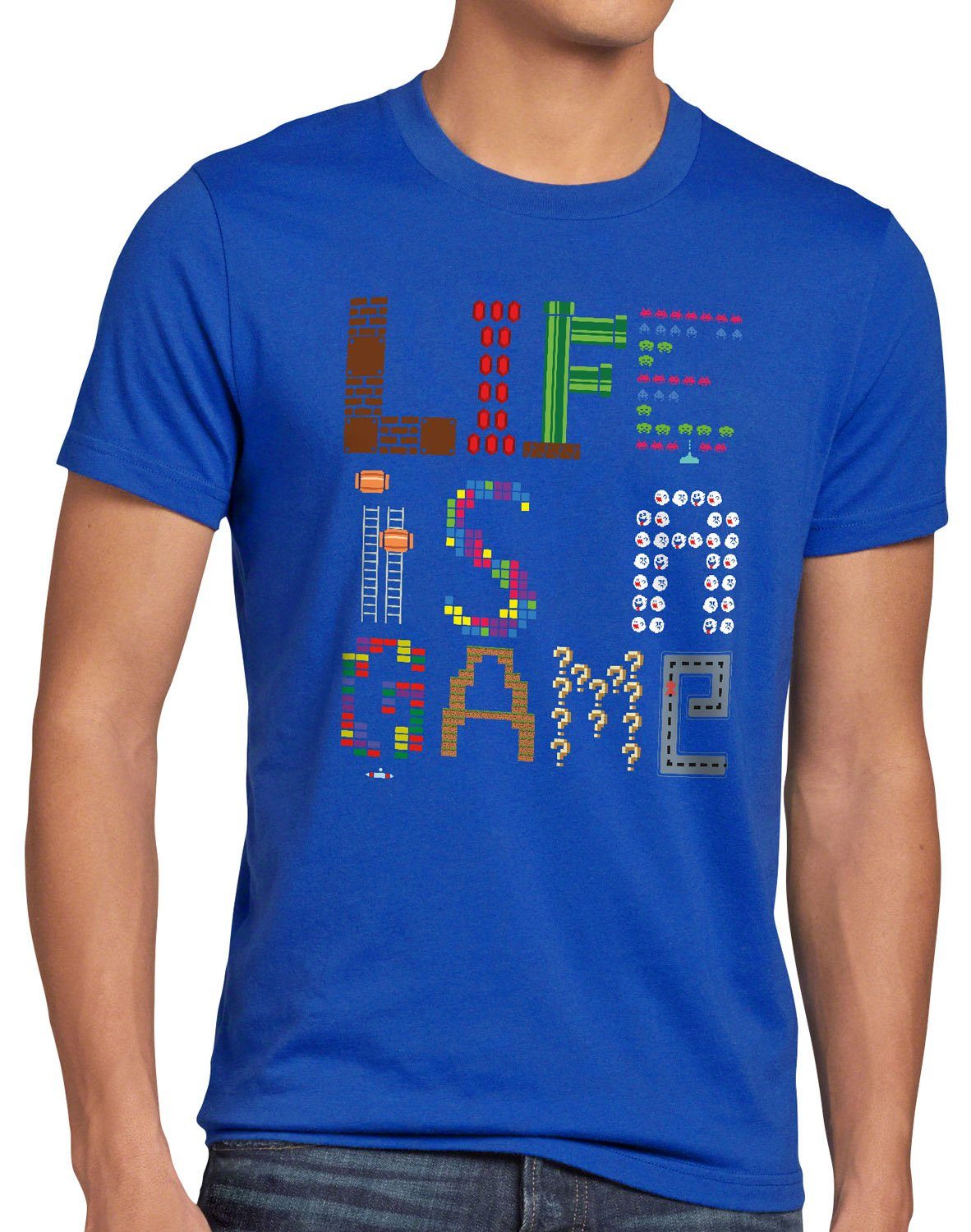 style3 Print-Shirt Herren T-Shirt Life is a Game Gamer Pixel Konsole Boy mario Spiel Jungen zelda blau