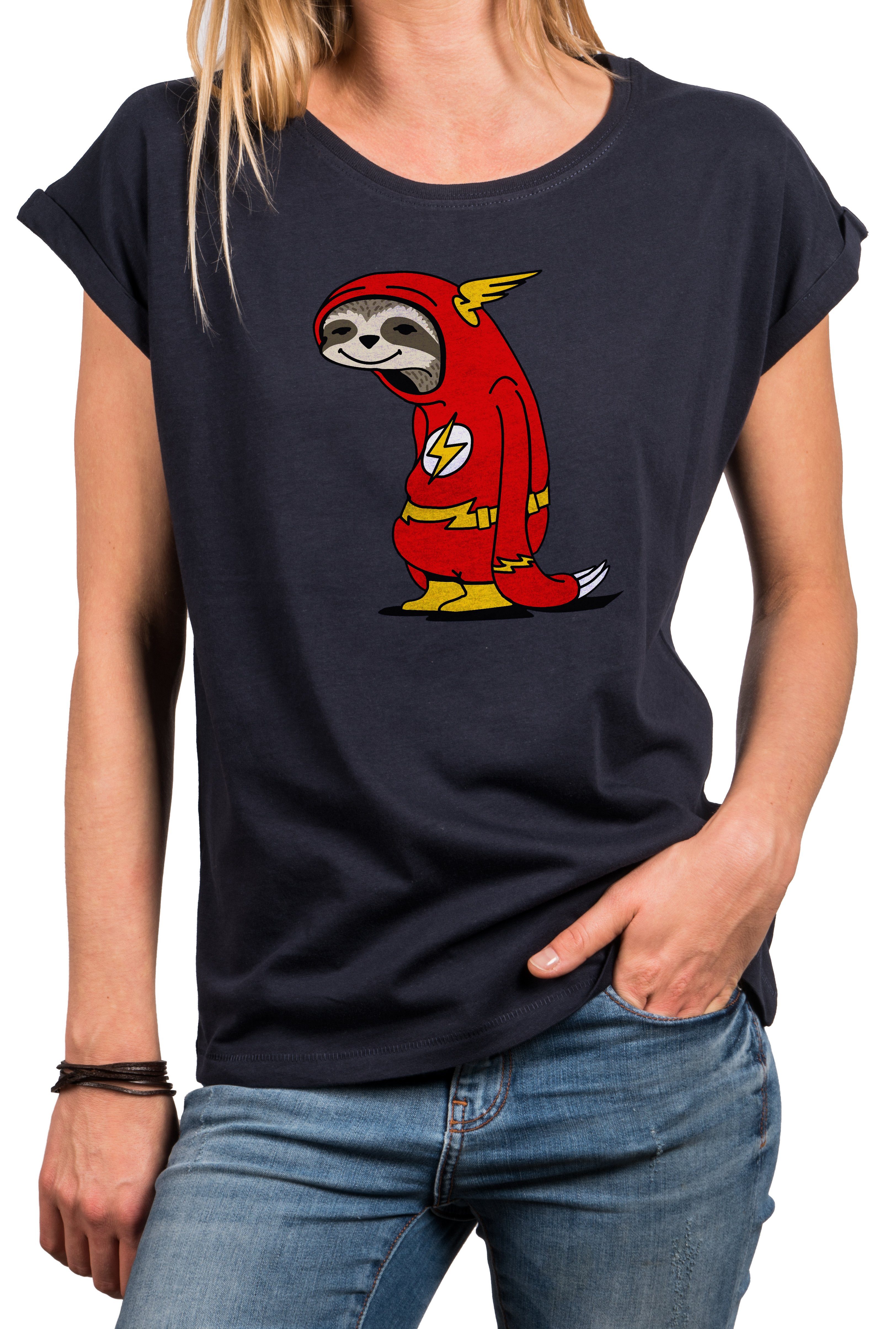 MAKAYA T-Shirt Damen mit Aufdruck Faultier Flash Lustig Frauen Sommer Top Kurzarm große Größen