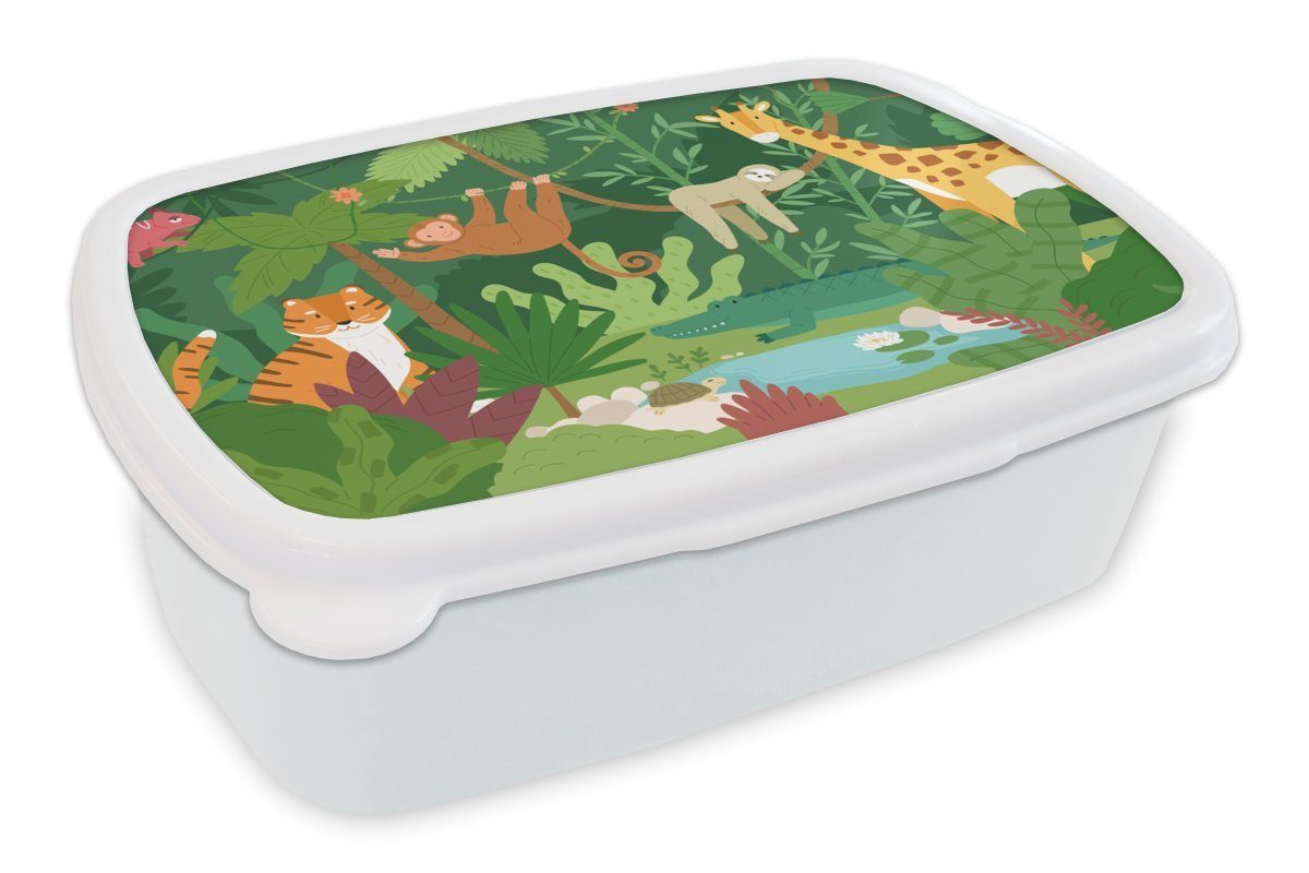 MuchoWow Lunchbox Dschungel - Tiere - Natur, Kunststoff, (2-tlg), Brotbox für Kinder und Erwachsene, Brotdose, für Jungs und Mädchen weiß