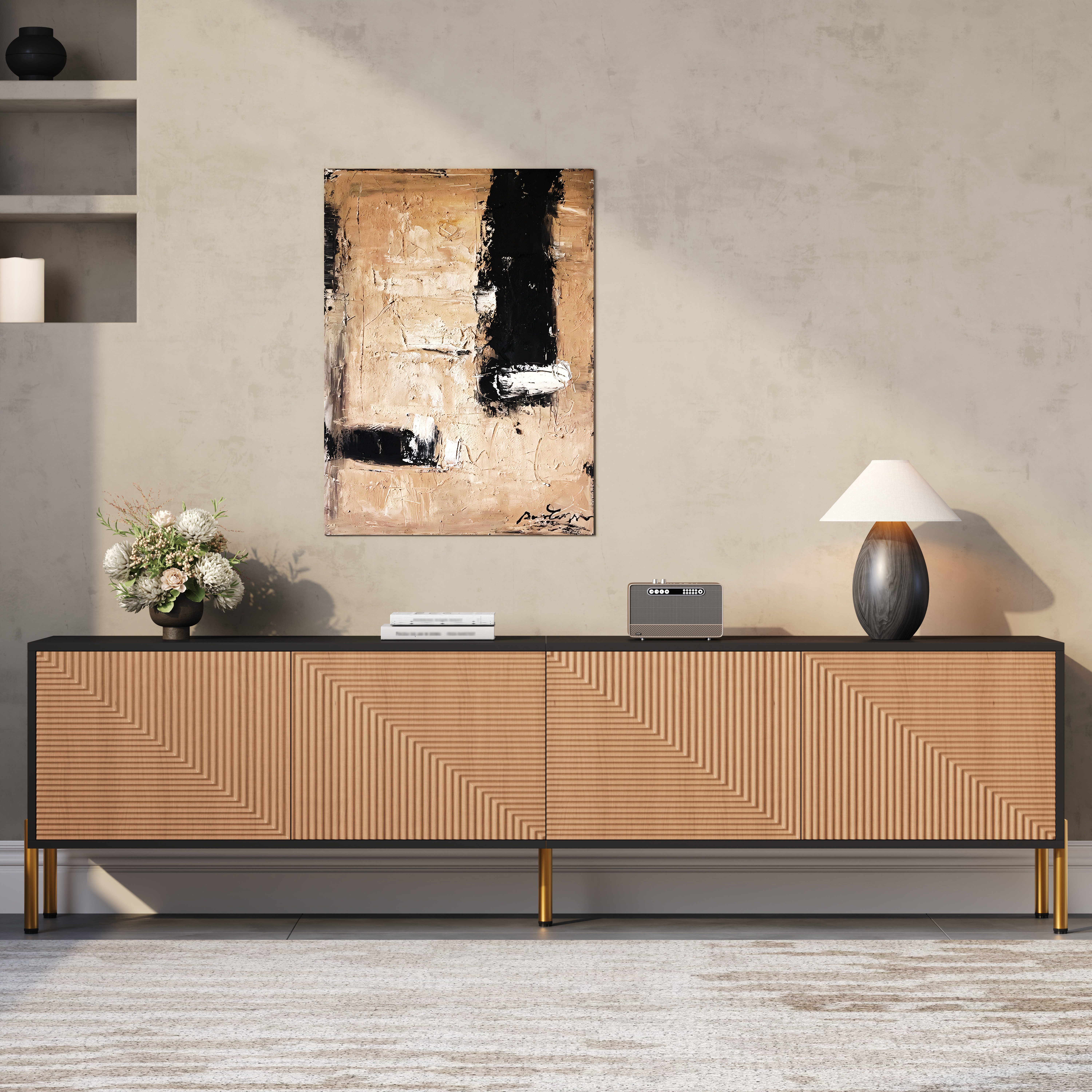 OKWISH TV-Schrank Fernsehschrank 179x35x53,5 cm mit 4 Türen und goldenen Metallbeinen (Packung, 1-St., mit 2 großen Staufächern, Kompatibel mit verschiedenen Wohnstilen) Dreidimensionale Oberfläche, Einzigartiges im Farbblock-Design