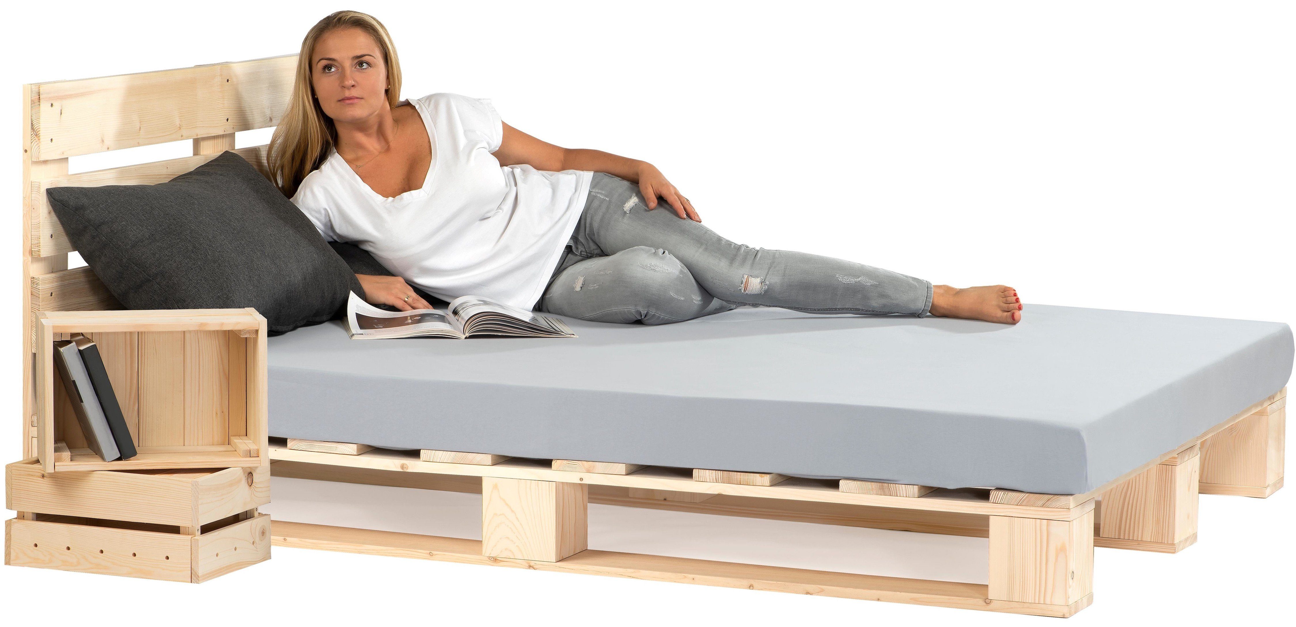 sunnypillow Palettenbett mit Kopfteil Holzbett 80 90 100 120 140 160 180 200 220 240 x 200 cm, 140x200 cm Natur