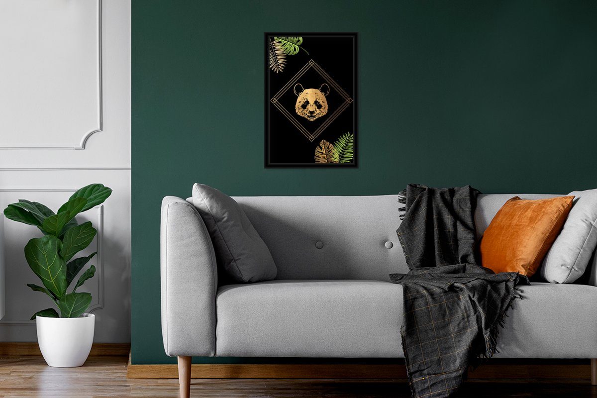 Schwarzem Wanddeko, Blätter Bilderrahmen Tier St), Poster Gerahmtes Panda, - Wandposter, Poster, MuchoWow - Bilder, (1