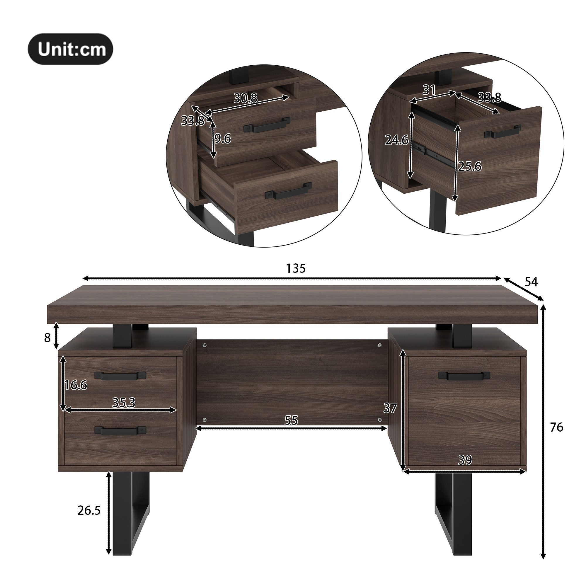 Flieks Schreibtisch mit 3 Schubladen Computertisch (1-St., B135/T54/H76 cm, Stahlgestell), Arbeitstisch Bürotisch Walnussfarbe, Tischplatte aus MDF, Breite 135cm