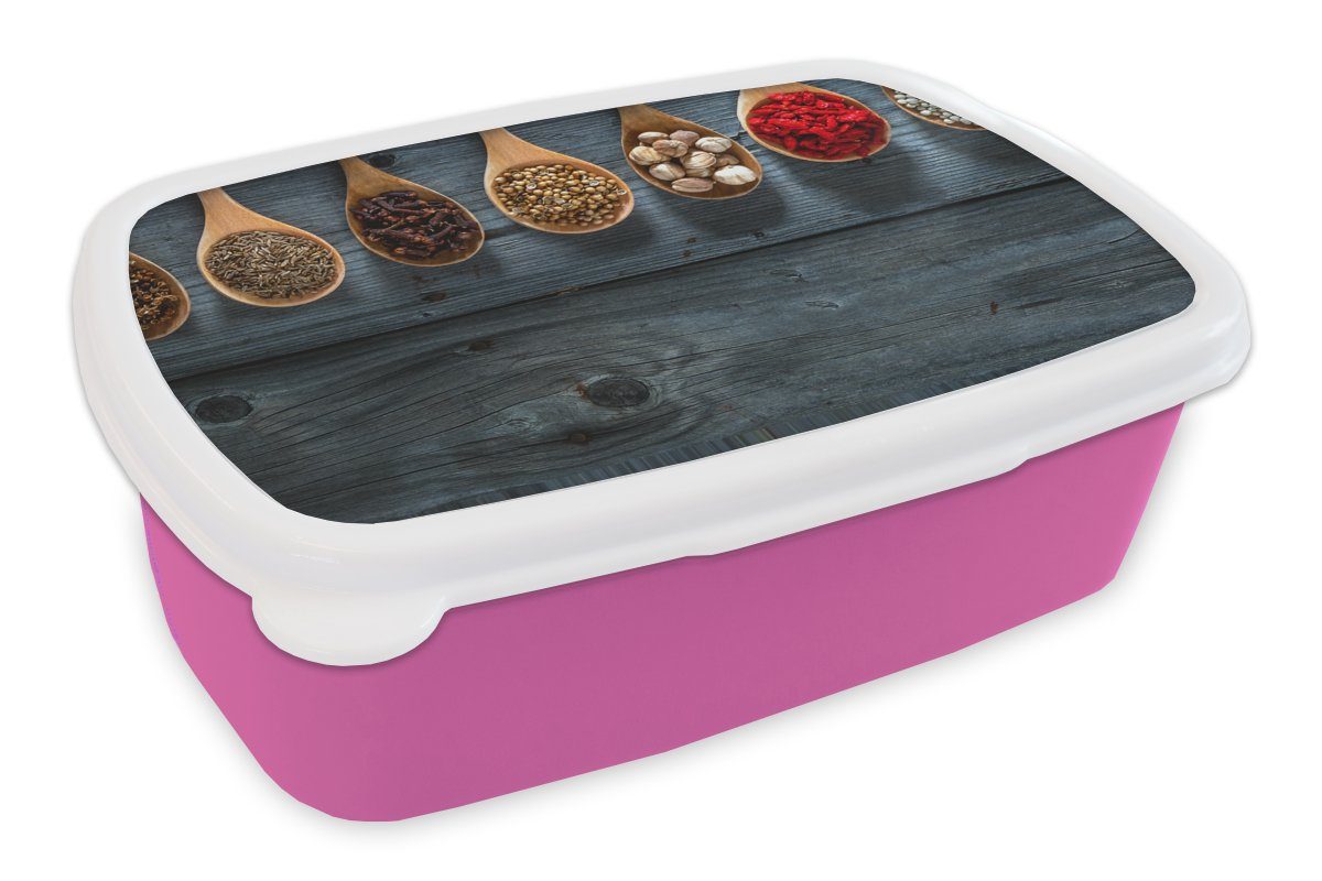 MuchoWow Lunchbox Gewürze - Löffel - Holz - Küche - Gewürze - Industrie, Kunststoff, (2-tlg), Brotbox für Erwachsene, Brotdose Kinder, Snackbox, Mädchen, Kunststoff rosa