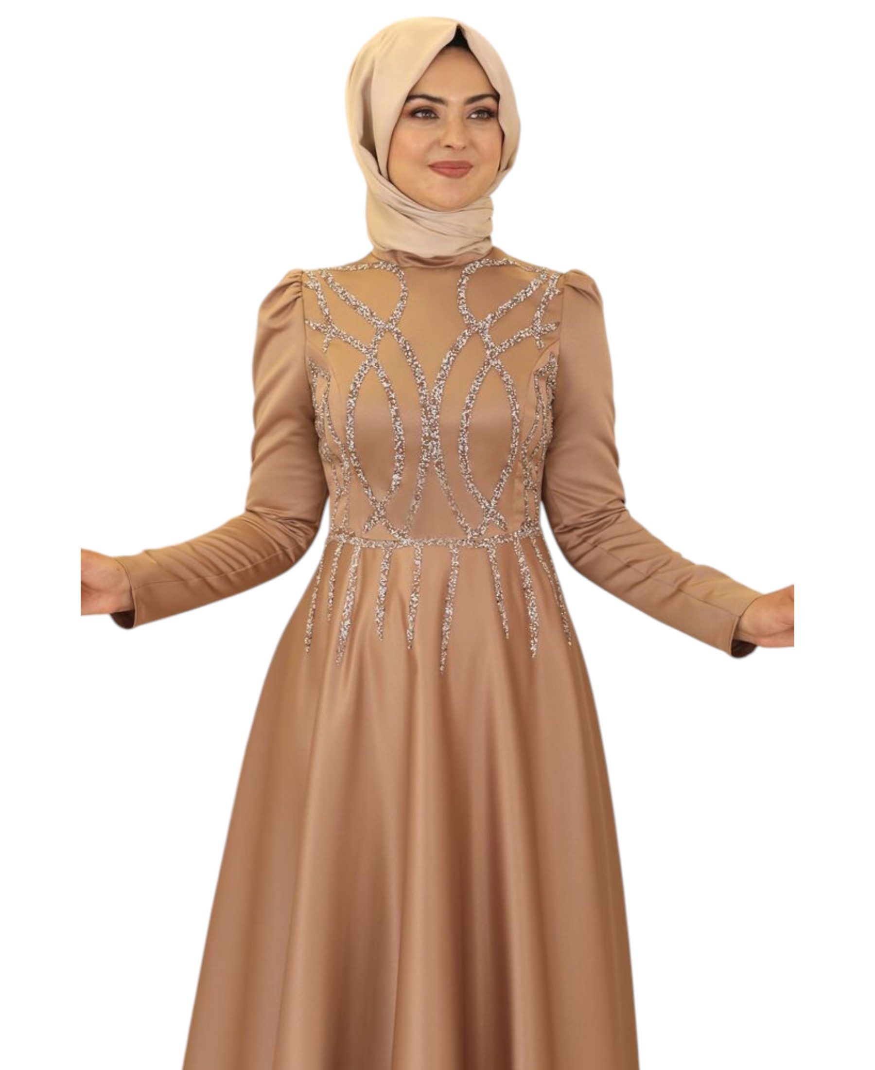 fashionshowcase Satinkleid Maxikleid in Satinoptik mit Schmucksteinbesatz - Modest Fashion Abiye Vollbedeckend und Langärmelig