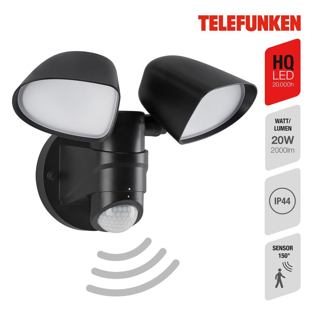 Telefunken Außen-Wandleuchte 304605TF, Leuchtdauer einstellbar, LED fest integriert, 2700K - Extra-Warmweiß, Außenleuchte Sensor IP44 4000K 2000lm 20W 25,8x21,8x16cm
