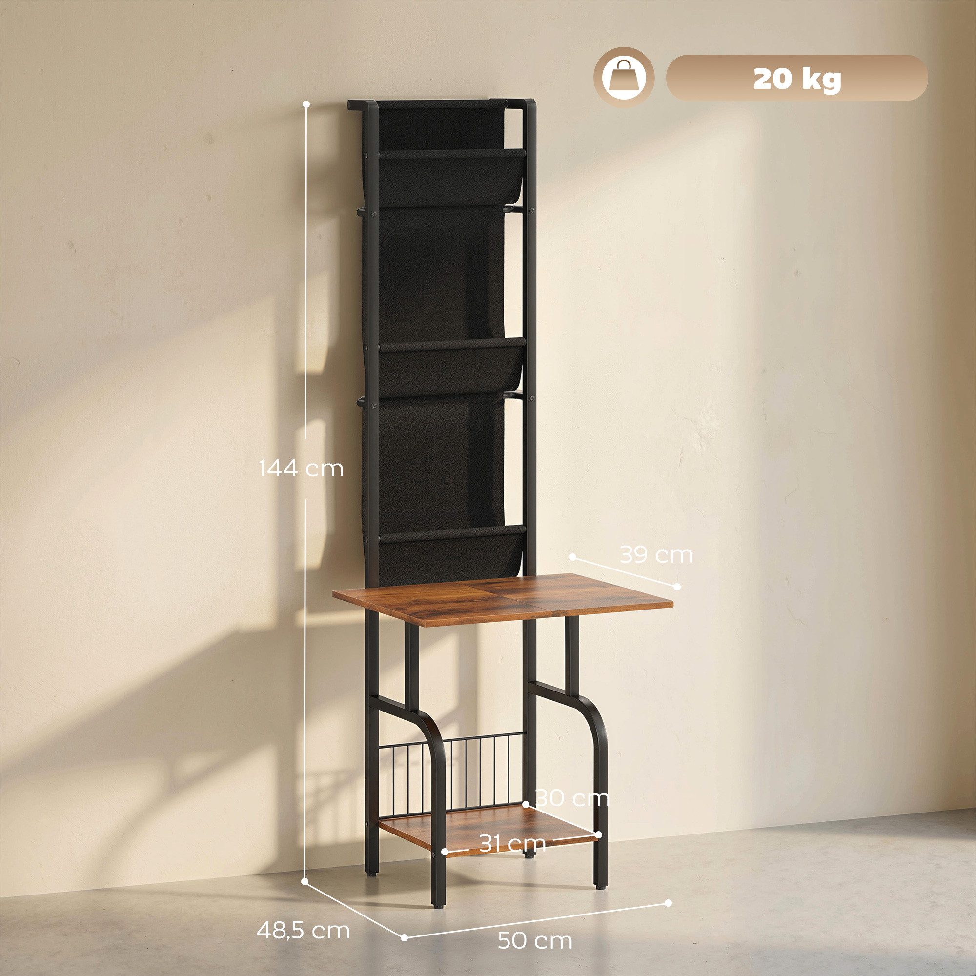 HOMCOM CD-Regal 3 Stofftaschen Bücherregal, DVD Regal 1-tlg., Medienregal mit Tischplatte, Kippsicherung, stabil.