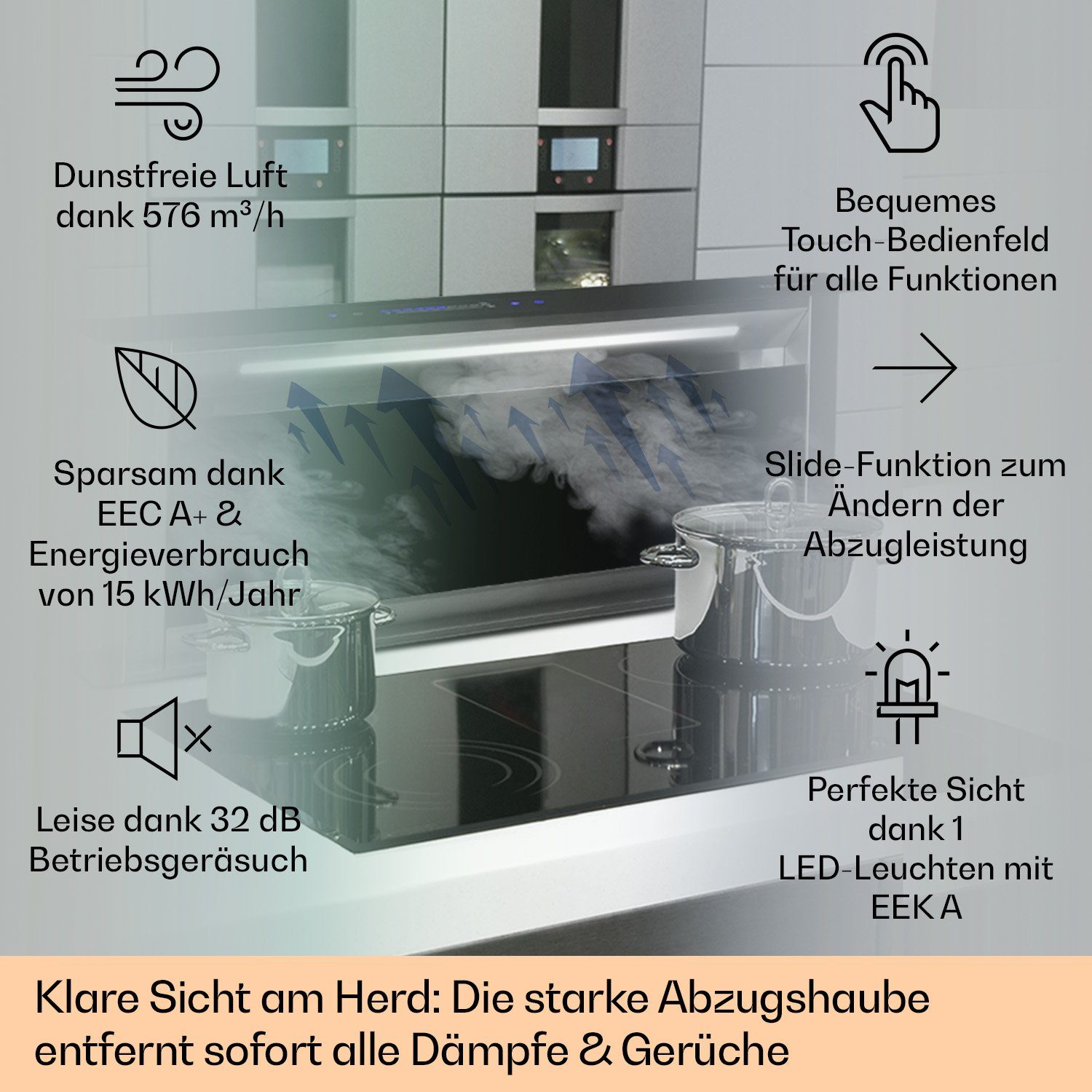 Klarstein Deckenhaube Royal Flush Eco Serie Royal Flush Eco Downdraft Dunstabzugshaube 90 cm 576 m³/h A+ Royal Flush Eco, Abzugshaube Downdraft Abluft Umluft versenkbar mit Edelstahl