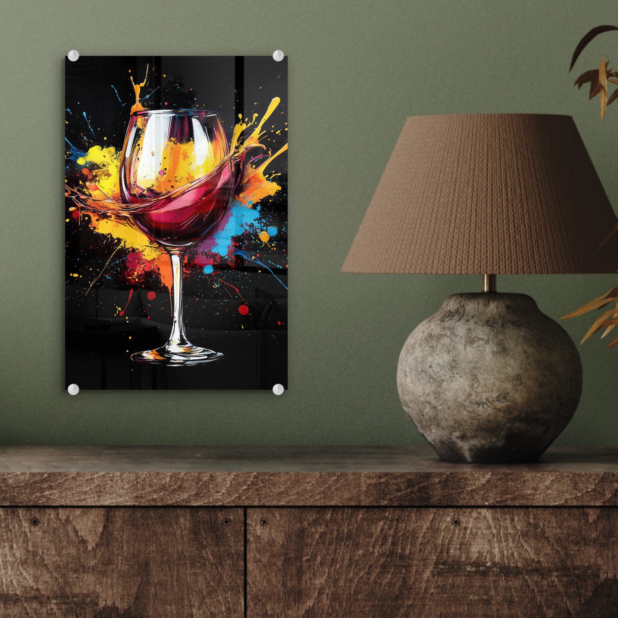 MuchoWow Acrylglasbild Wein - Glas - Graffiti - Getränk - Rot - Farbe, Inkl. Aufhängung, Dekorative Bild für Küche & Wohnzimmer auf Glas, 20x30 cm – Bild 4 von 5