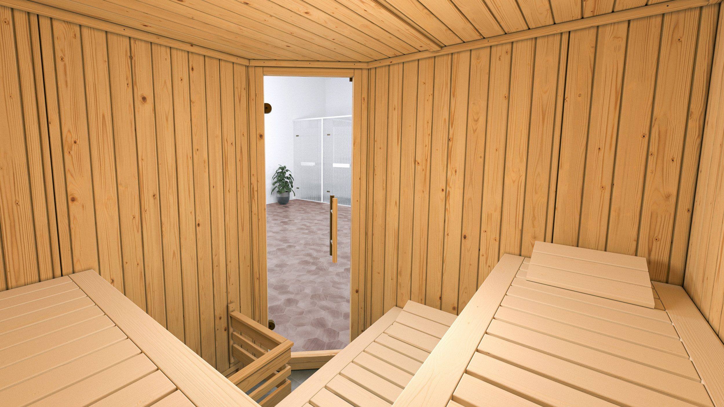 weka Sauna Element-Ecksauna VARBERG 3, BxTxH: 194 x 144 x 199 cm, 38 mm, vorgefertigte Elemente, moderne Ganzglastür