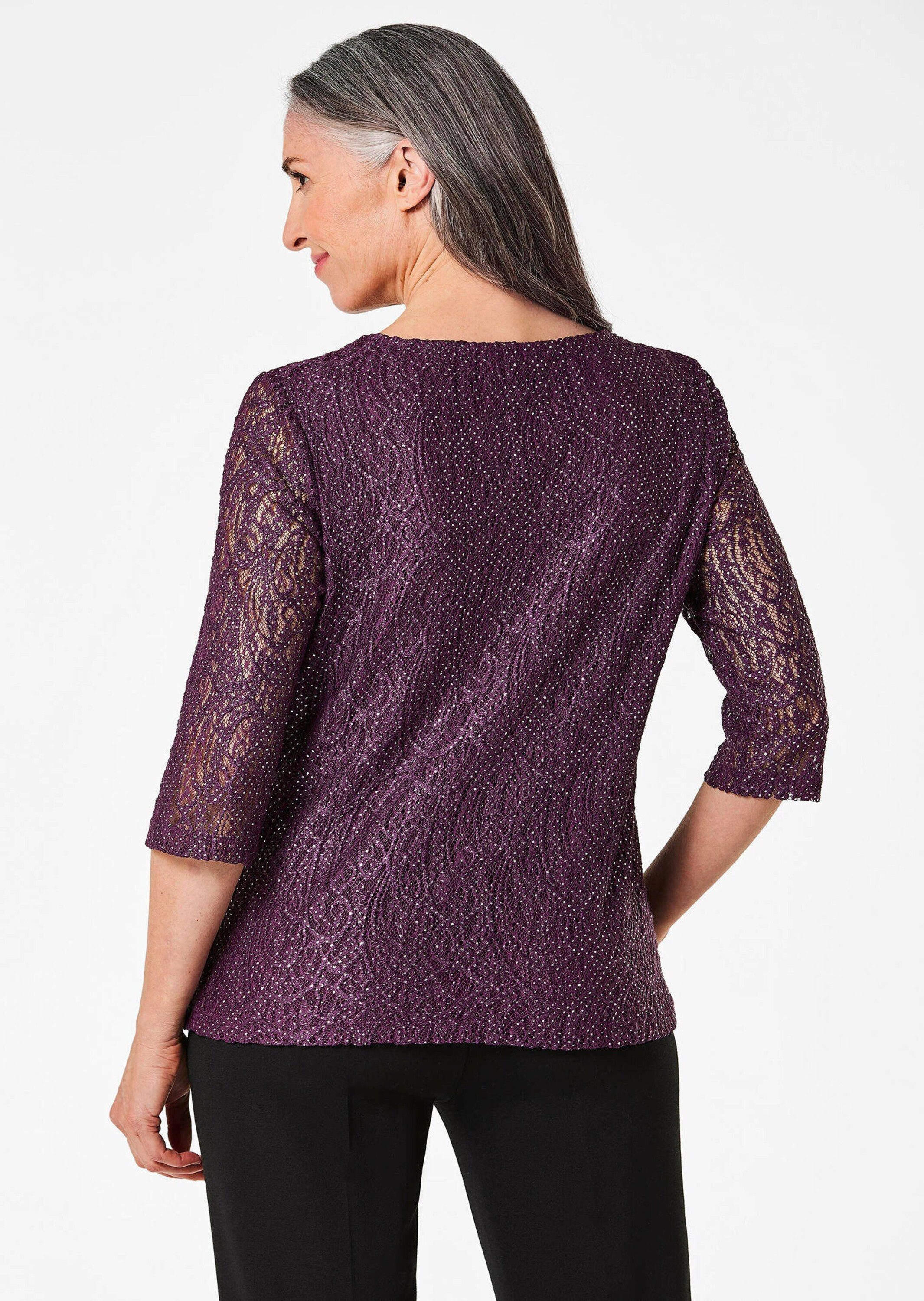 GOLDNER Klassische Bluse Kurzgröße: Elegantes Blusenshirt mit Glanzeffekt Viskosebluse mit Spitze, Rundhals und 3/4-Arm