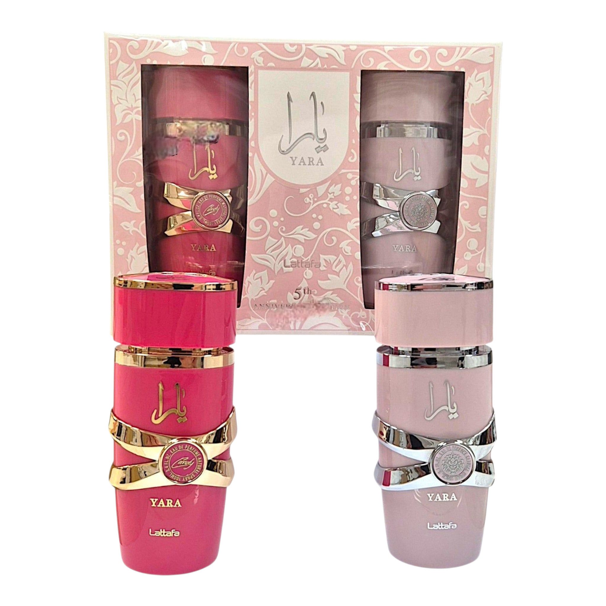 Lattafa Duft-Set Yara und Yara Candy Set EDP 2x100ml + Parfümzerstäuber (leer) Set