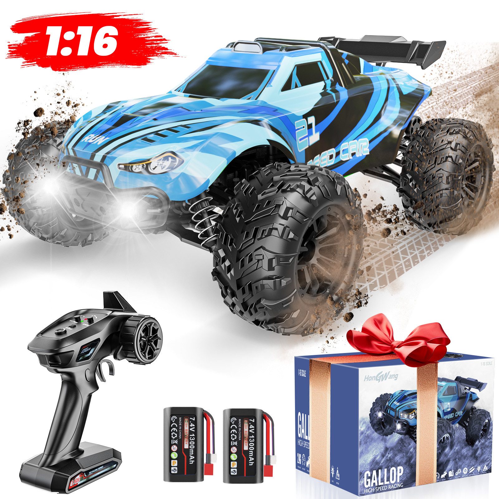 RC-Auto 1/16 Ferngesteuertes Auto 2.4GHz, 4WD, 40km/h Hochgeschwindigkeits
