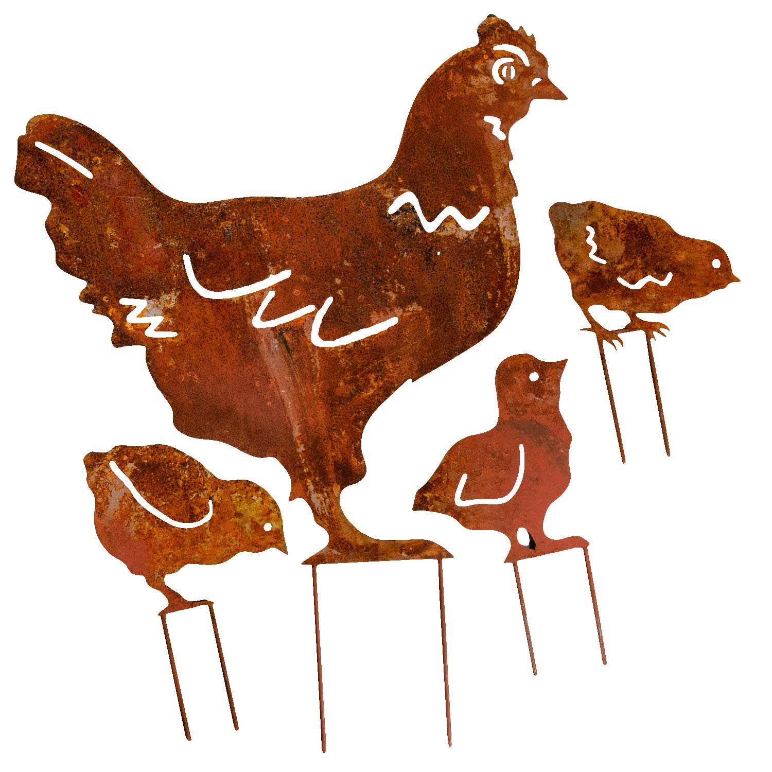 Dekoobjekt Set 4-teilig Gartenstecker Beetstecker Huhn Küken Eisen Rostig Antik-S