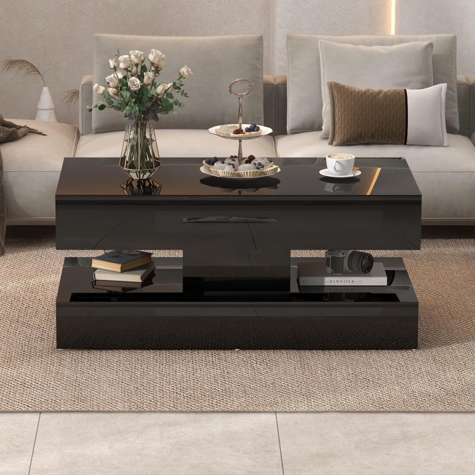 Sunsitt Couchtisch Couchtisch im Hochglanz Moderner Kaffeetisch mit 2 Schuhbladen (Wohnzimmertisch in 100 x50x45cm), Sofatisch für Wohnzimmer, Schlafzimmer, Büro, Schwarz