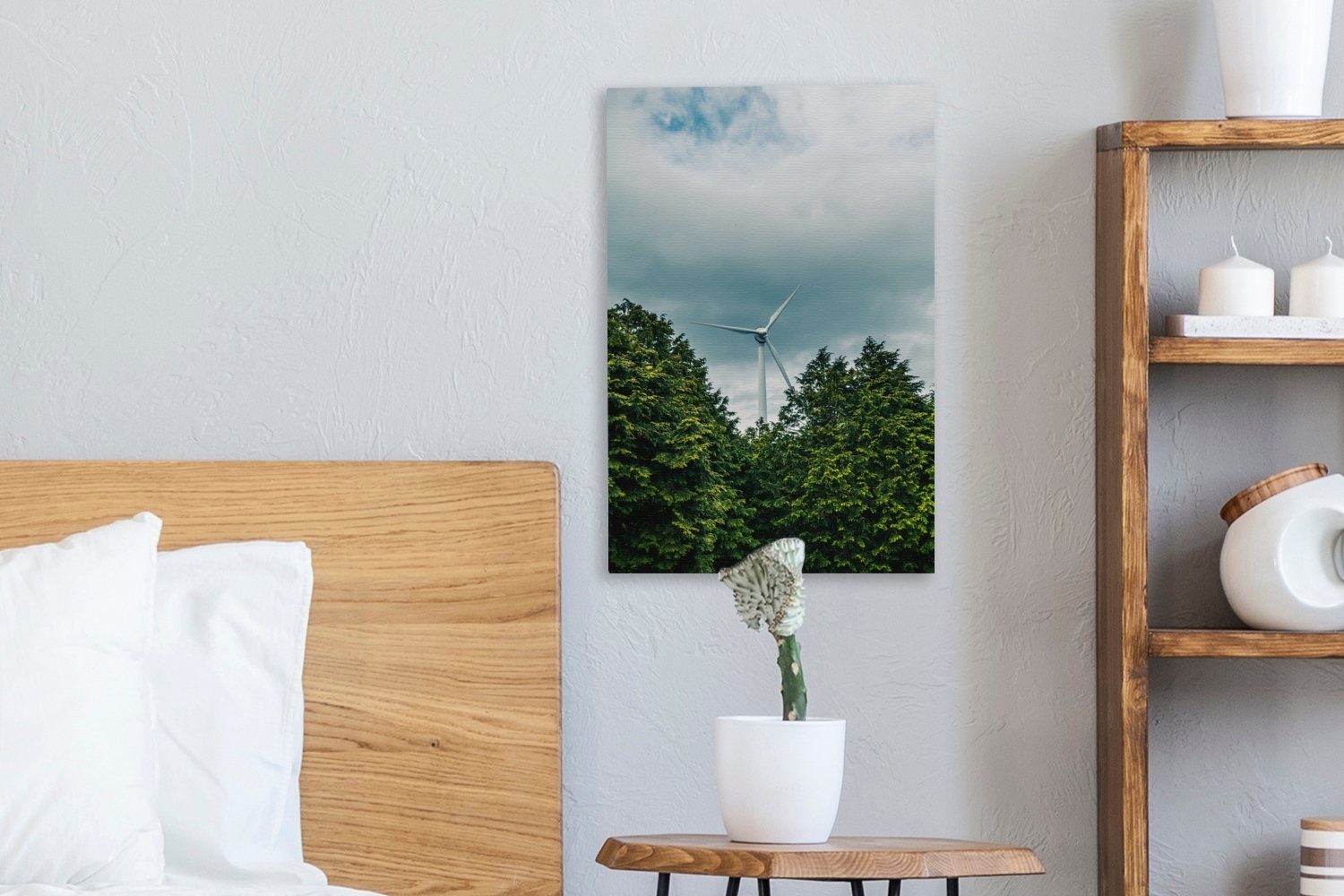 OneMillionCanvasses® Leinwandbild Die bespannt cm 20x30 Windturbine Gemälde, die fertig Bäume, in inkl. (1 Windparks St), eines Leinwandbild überragt Japan Zackenaufhänger