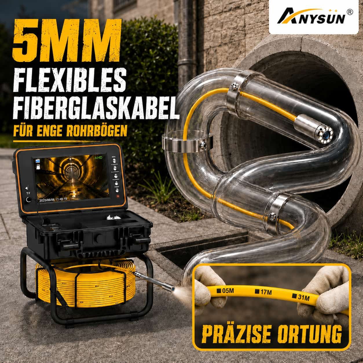 ANYSUN Rohrkamera mit Selbstnivellierung, 9-Zoll-1080P-IPS-HD-Bildschirm Inspektionskamera (HD, 50M Kabel mit Meter-Markiertem Kabel, IP68-wasserdicht, 32GB)