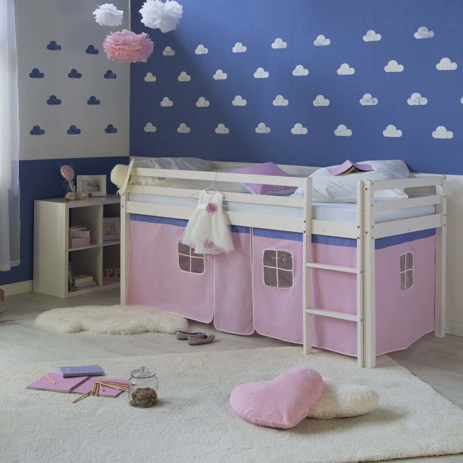 Homestyle4u Hochbett Kinderbett mit Leiter und Vorhang Weiß Rosa Holz Kiefer