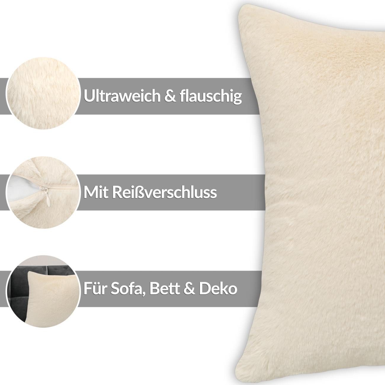 ANRO Dekokissen PLÜSCH Bär Schlicht Kunstfell Sofakissen Kuschelkissen Flauschig, sehr weich & kuschelig 30x50cm OHNE Füllung Uni-Einfarbig Creme – Bild 4 von 5