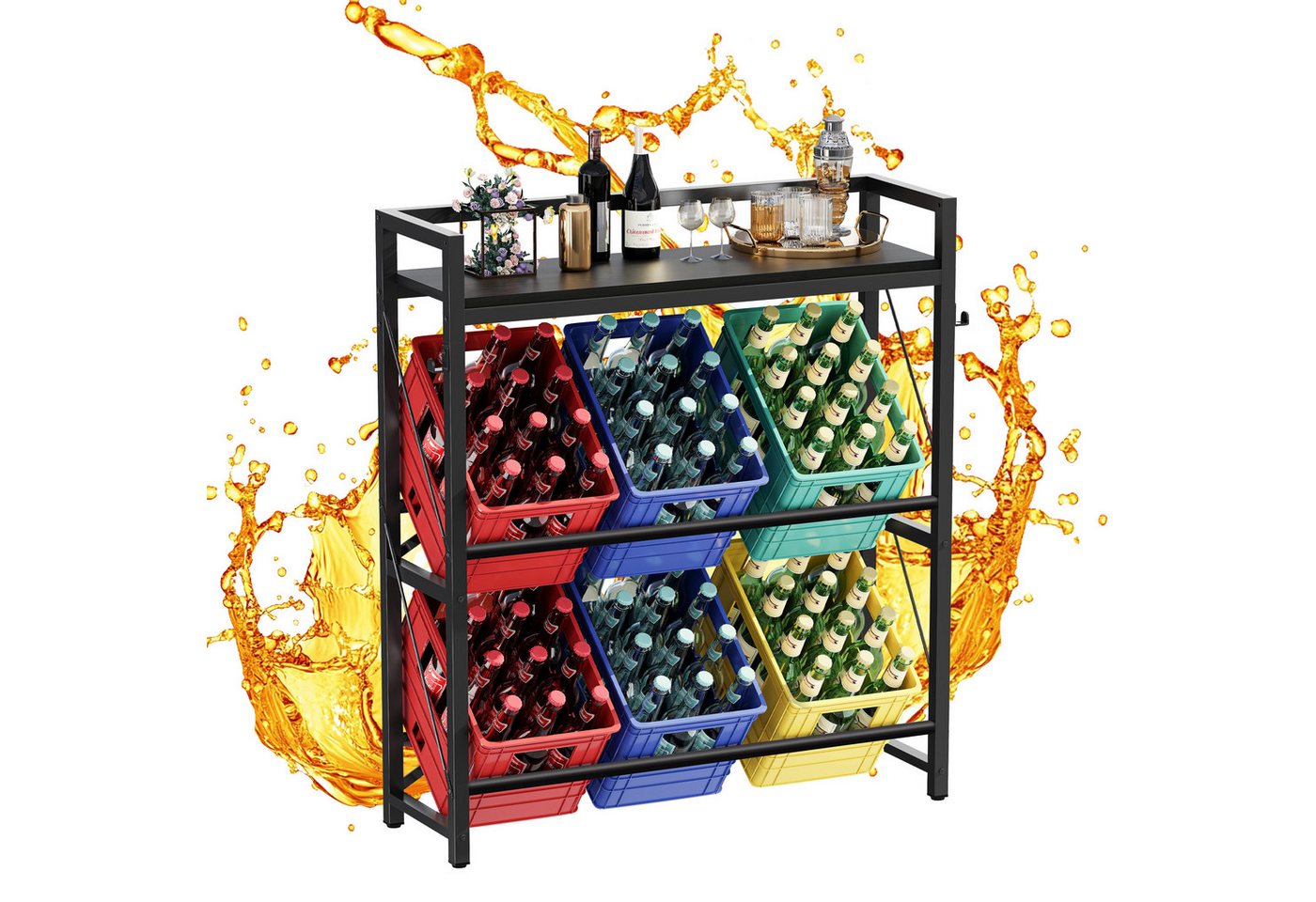 YOUDENOVA Flaschenregal Getränkekistenregal für 6 Kisten aus Metall, 104 x 32 x 117 cm, 1-tlg., Multifunktionales Küchenregal mit MDF-Ablage, bis 150 kg Tragkraft