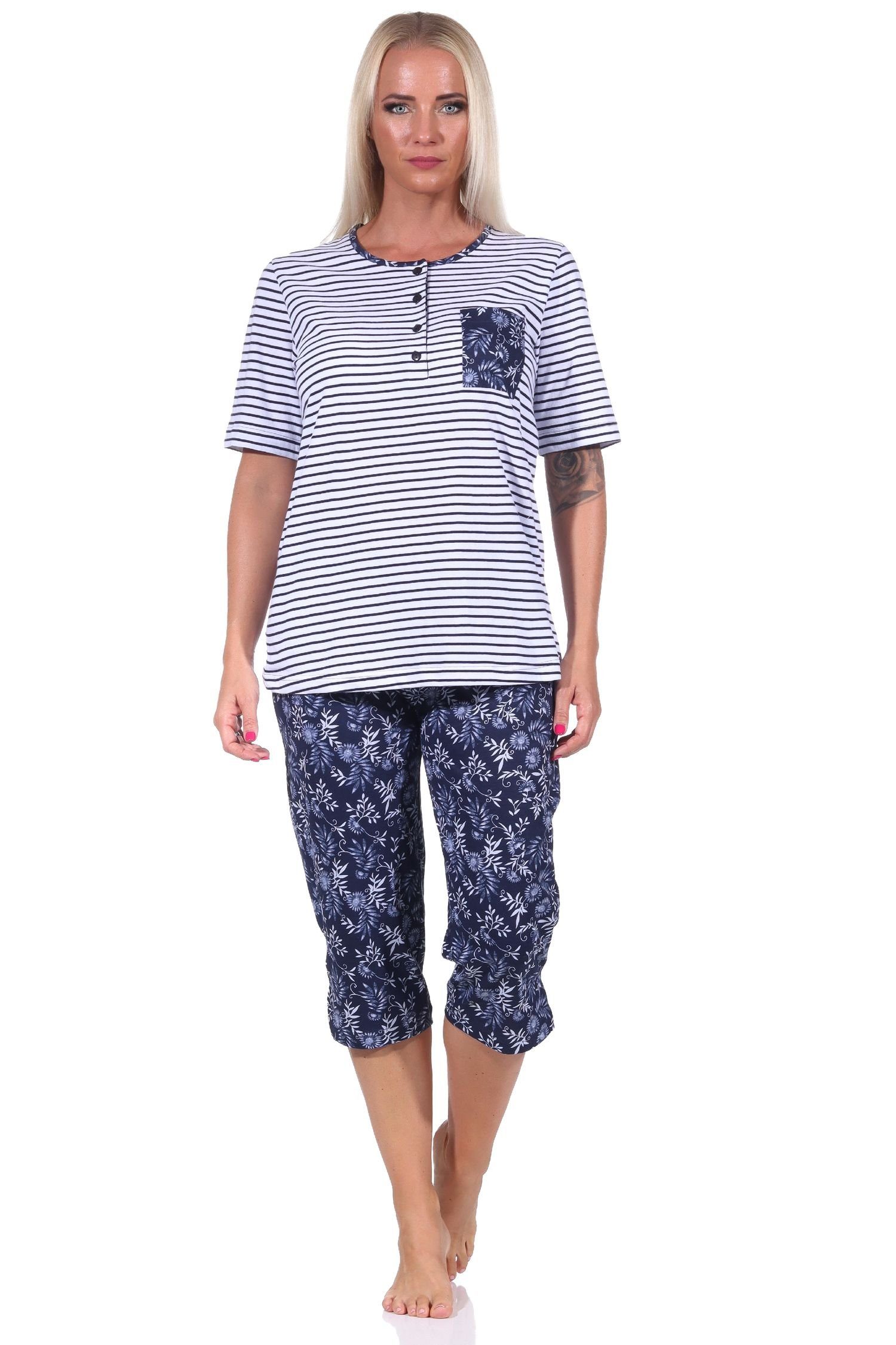 Normann Pyjama Damen Schlafanzug kurzarm, Oberteil gestreift, Capri Hose geblümt weiss