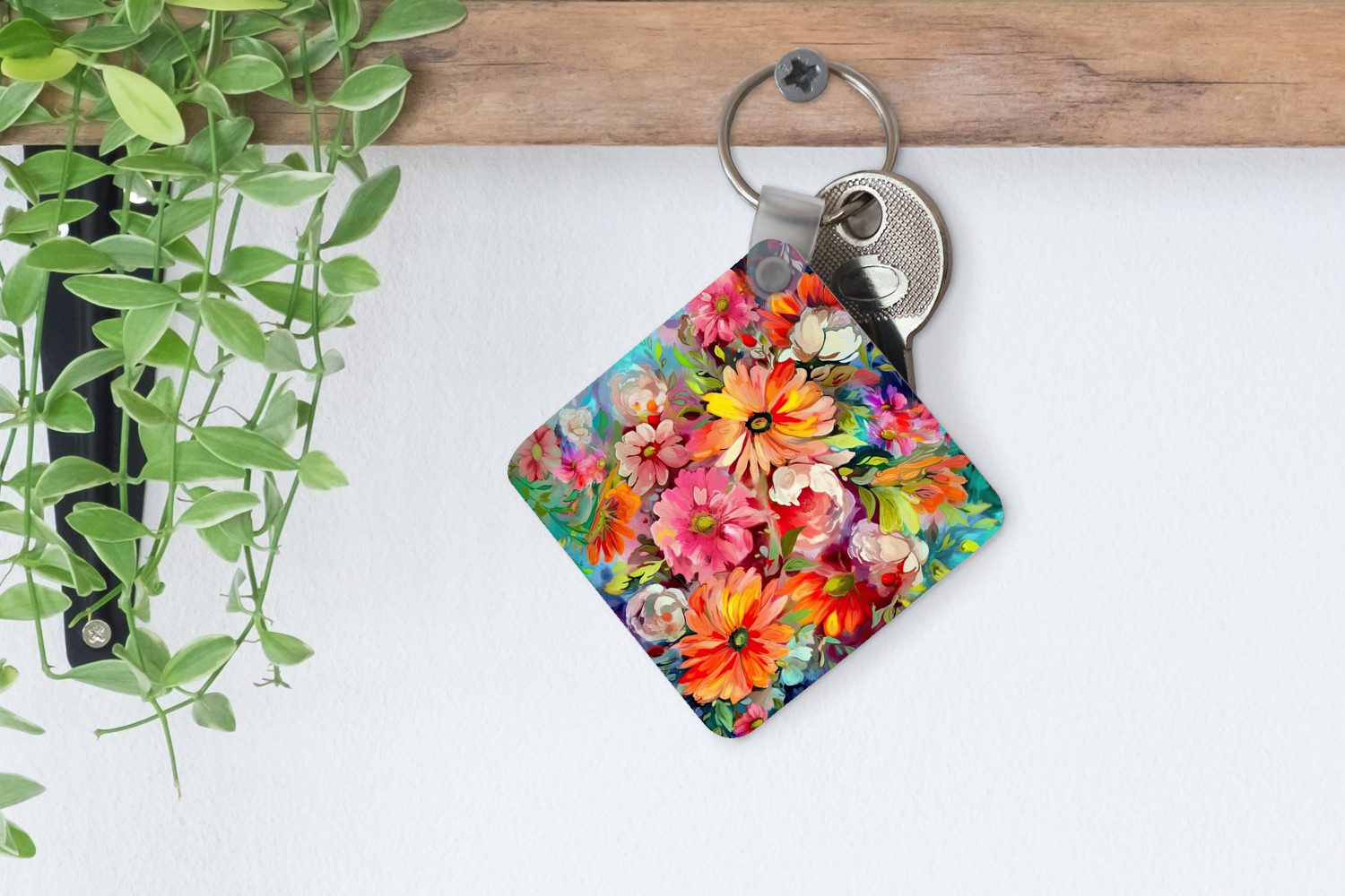 MuchoWow Schlüsselanhänger Blumen - Kunst - Malerei - Botanisch, Quadratisch, Accessoire Auto / Haus / Rucksack / Handtasche, 5x5 cm