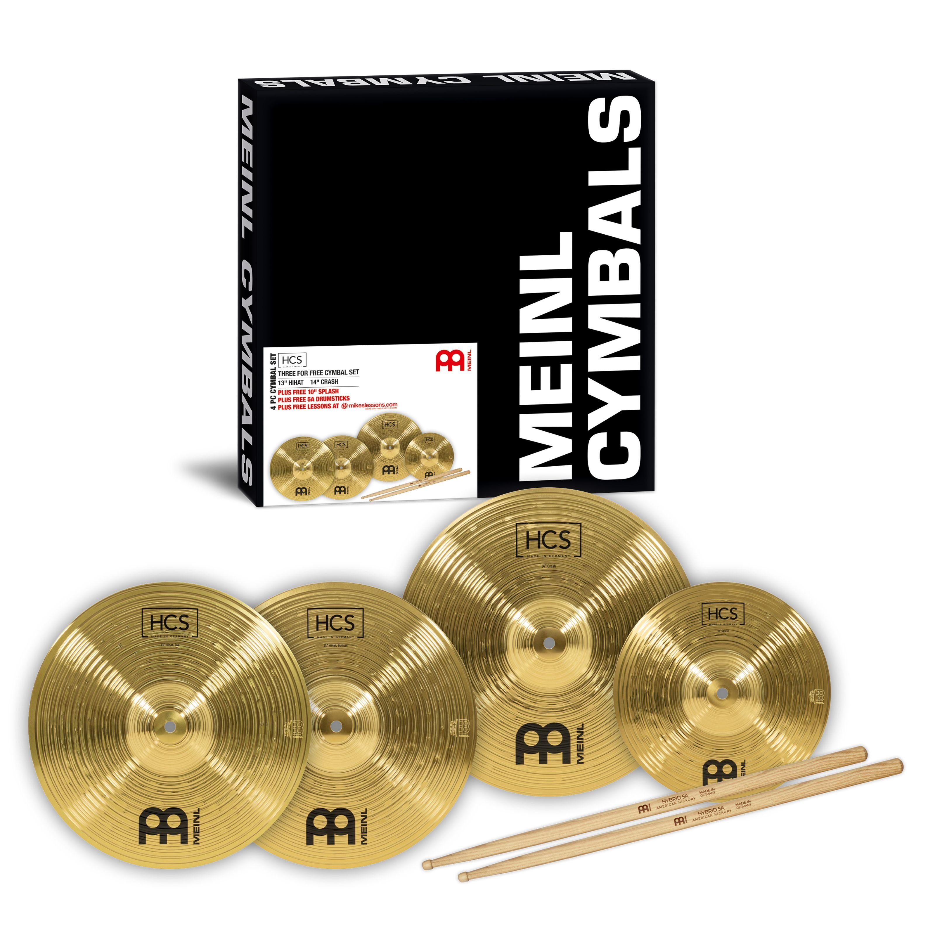 Meinl Percussion Becken, Cymbals, Cymbal Sets, HCS Cymbal Set 13"HH, 14"C, 10" SP + Sticks - Becken Set