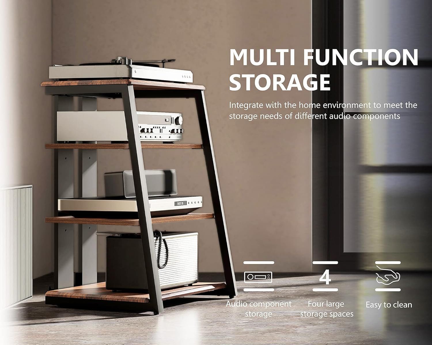 FITUEYES TV-Regal HIFI-Rack mit höhenverstellbaren Einlegeböden, ca. 78 cm hoch, mit verstellbaren Füßen, wasserabweisend
