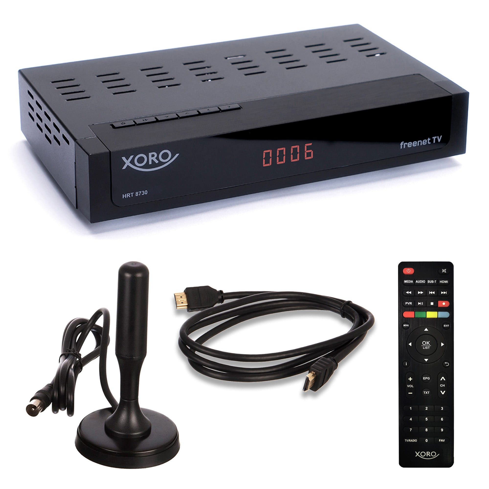 Xoro HRT 8730 DVB-T2 HD Receiver inkl. Antenne & HDMI, 6 Mon. freenet TV DVB-T2 HD Receiver (Ethernet, FullHD‑Receiver mit USB‑Recorder, Irdeto und freenet TV Zertifizierung)