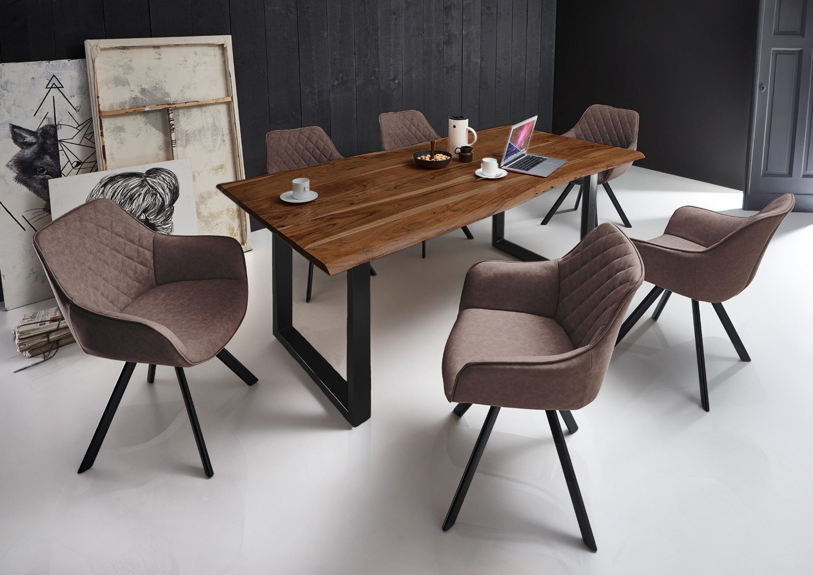 Junado® Essgruppe Milo, 7-teilig mit Tisch Baumkante und 6x Stuhl ALINA