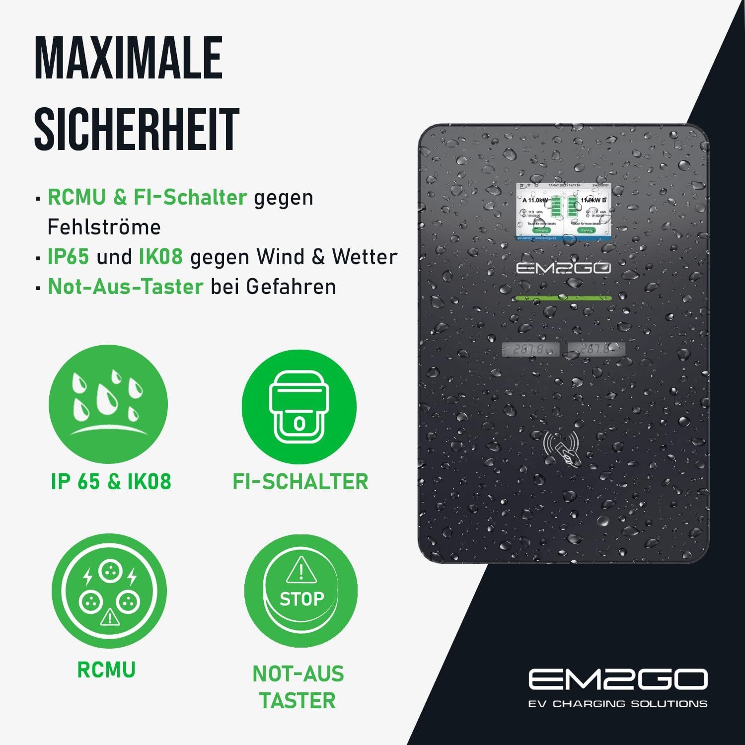 EM2GO Elektroauto-Ladestation EM2GO Duo Wallbox 2x22kW Typ2 E-Auto Ladestation, Wallbox, Doppelte Ladestation 11kW / 16A, 3-Phasig, Einzelgerät, Wallbox mit 2 Ladepunkten & RFID & Backend, Zwei E-Autos laden – Backend & netzdienlich