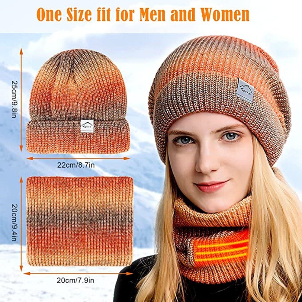 XDeer Mütze & Warme Schal Mütze Mütze Schal Orange mit Wintermütze mit Farbverlauf Set,Wollmütze Strickmütze Schal Wintermütze Damen