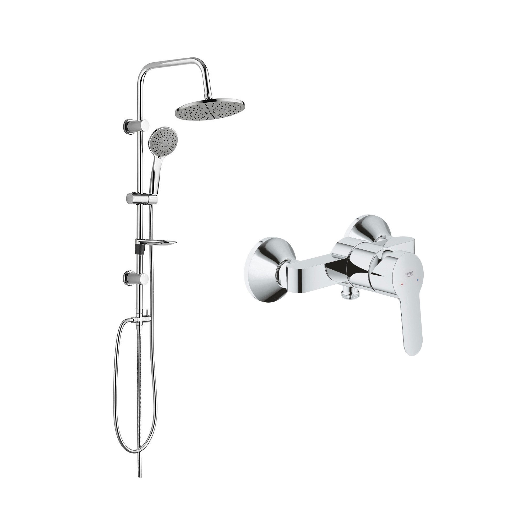 Grohe Duscharmatur BauEdge Duschsystem mit Einhandarmatur, Brause, Duschstange & Schlauch (Spar-Set) Chrom Duschset mit 1,5m Schlauch & Seifenhalter, mit Regendusche