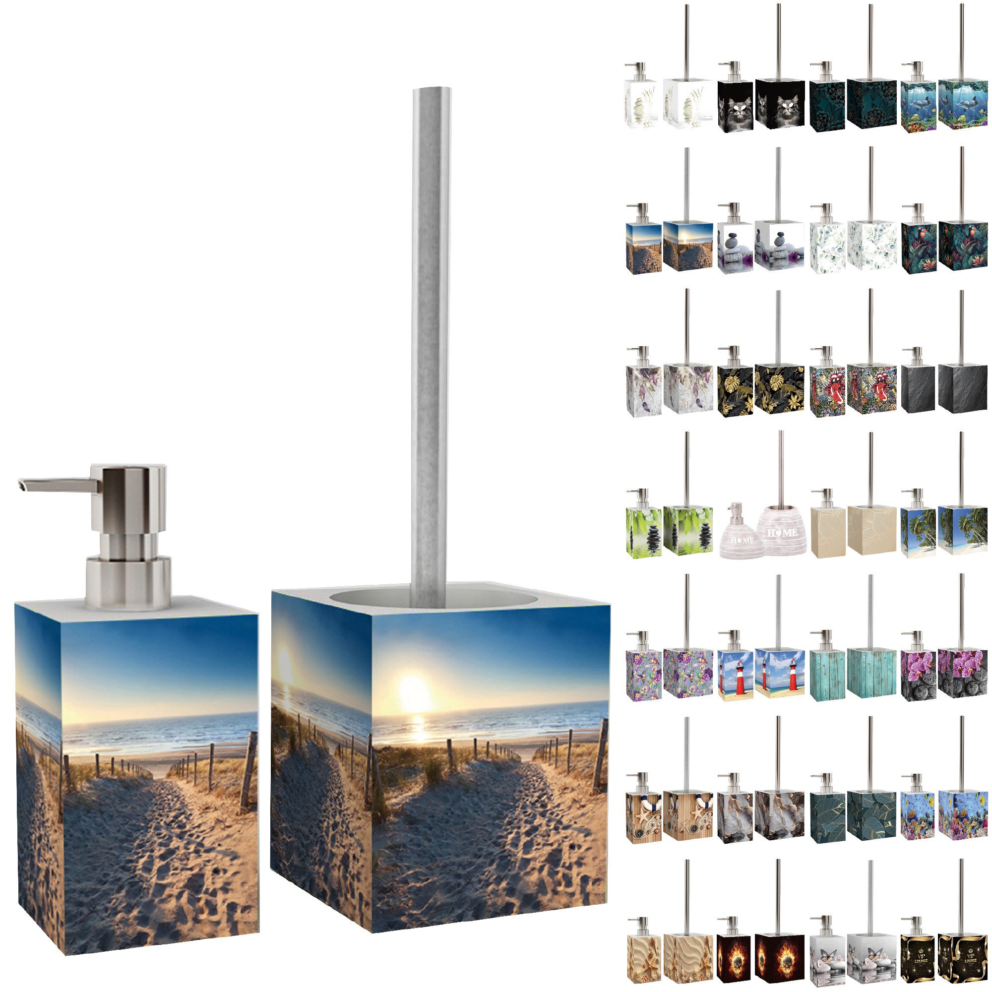 Sanilo Badaccessoire-Set mit Motiv, viele schöne Seifenspender und WC Bürsten zur Auswahl, Klobürste mit auswechselbaren Bürstenkopf, 2 tlg., 2-tlg., Desinfektionsspender mit stabiler Pumpe, hochwertig & modern
