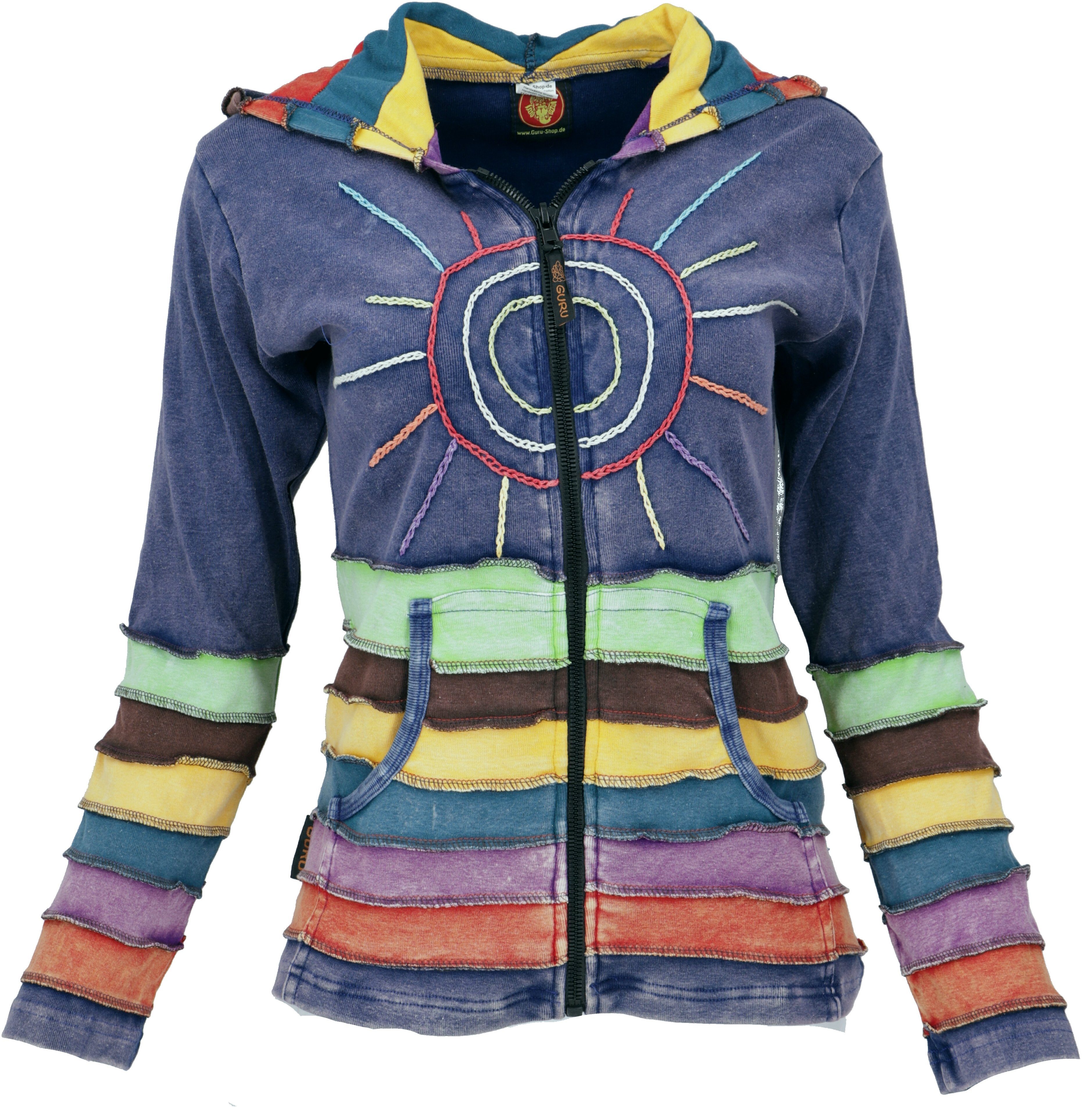 Guru-Shop Langjacke Regenbogenjacke, Jacke mit alternative - blau Zipfelkapuze Bekleidung