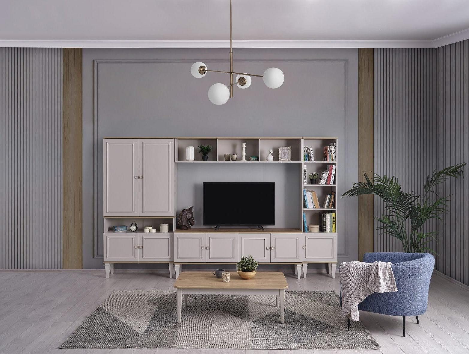 Xlmoebel Wohnwand Moderne Wohnwand in Grau aus Holz mit TV-Ständer und Regalen, (Wohnwand), Hergestellt in Europa