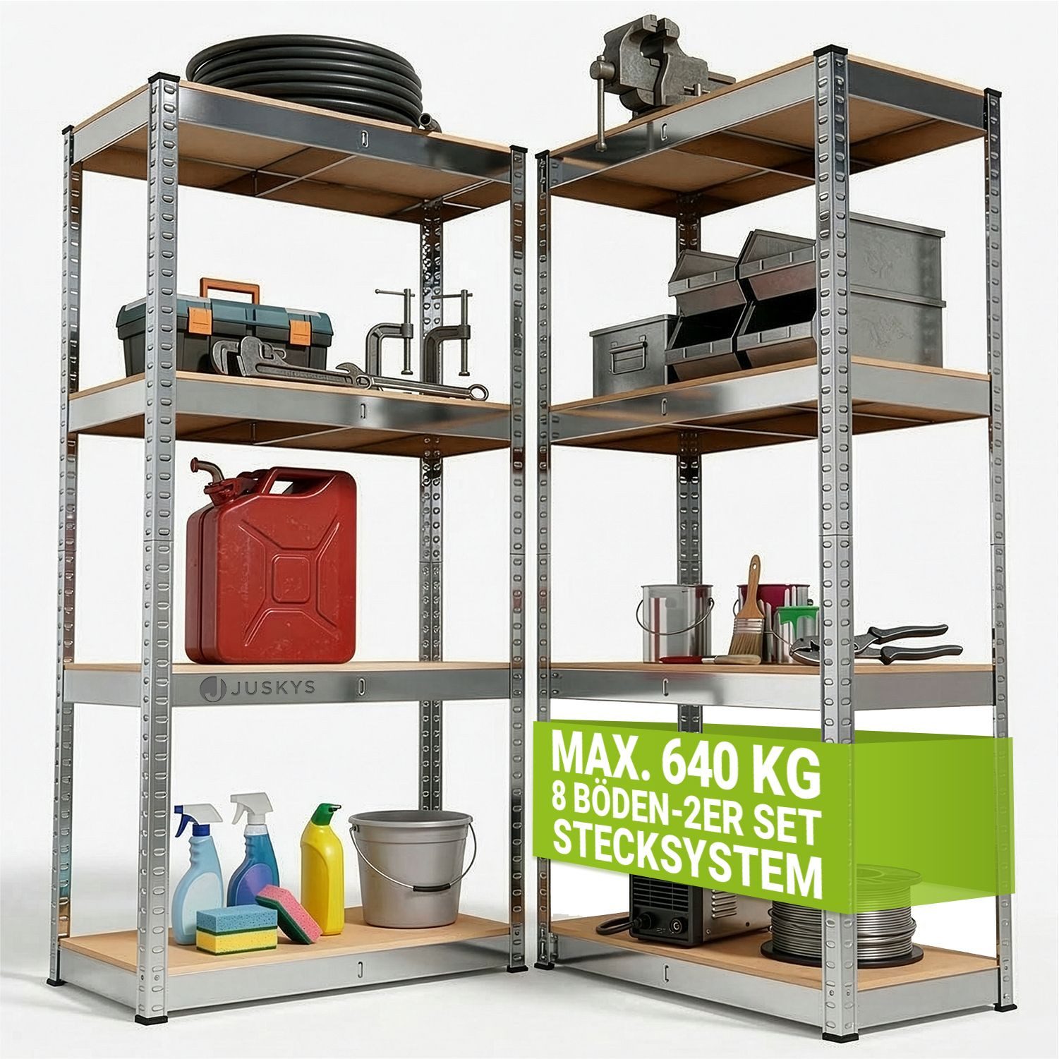 Juskys Schwerlastregal Easy, Set, 2er Set, 640 kg Traglast, 8 Böden, individueller Aufbau