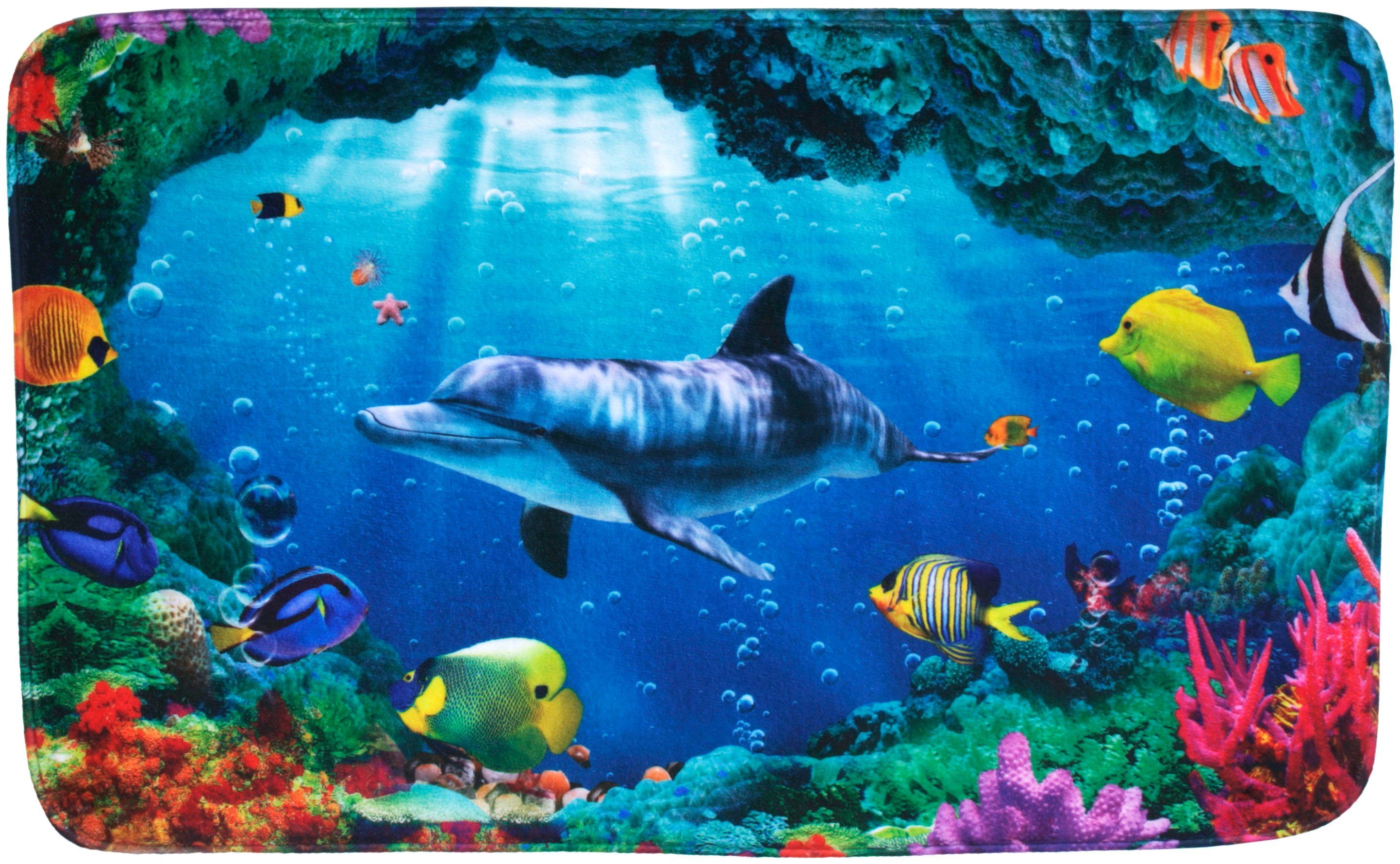 Badematte Delphin Korallen Sanilo, Höhe 15 mm, schnell trocknend, Polyester, rechteckig, Memory Schaum