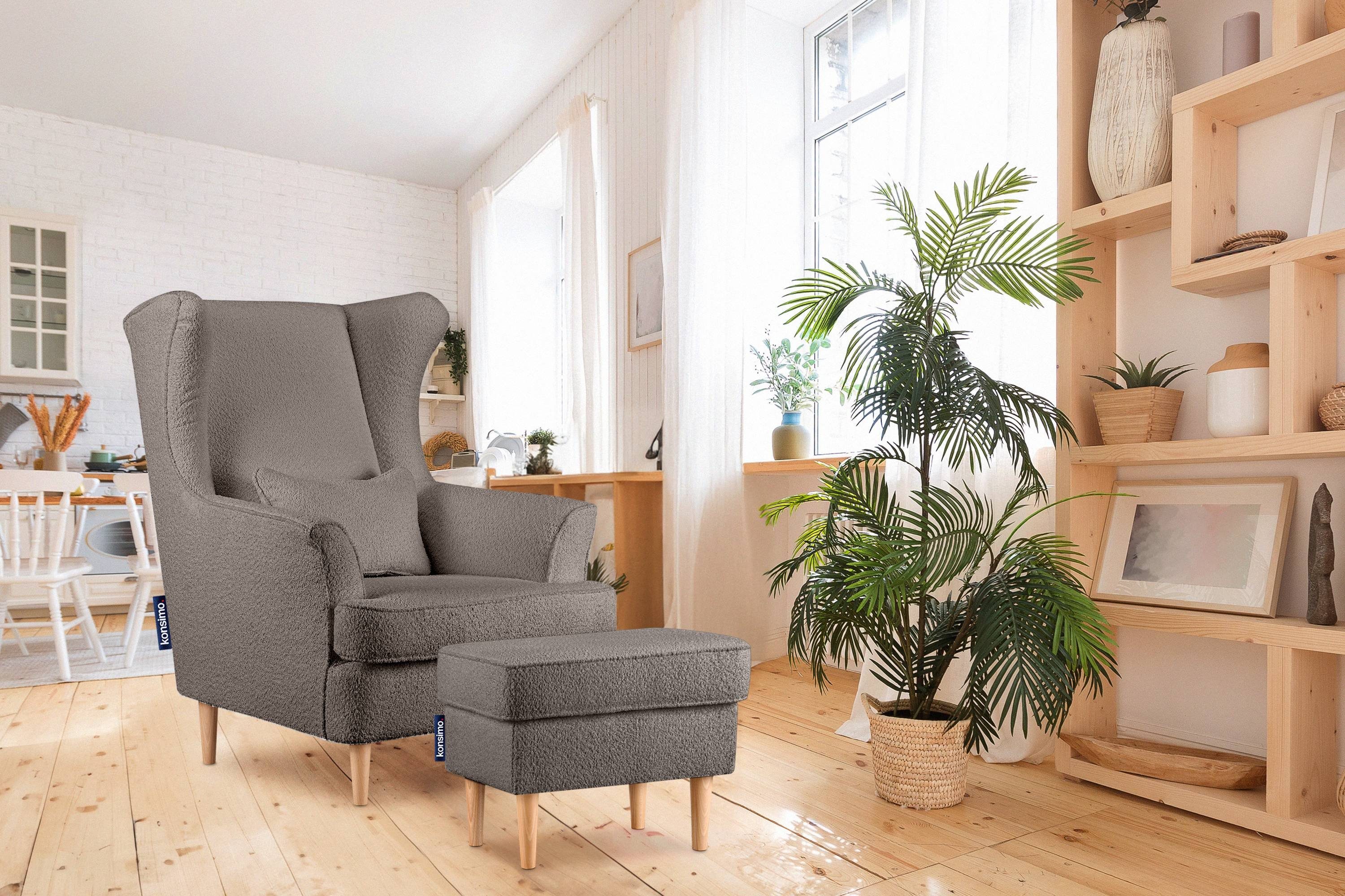 Konsimo Ohrensessel STRALIS Sessel, inklusive dekorativem Design, Füße, hohe Kissen zeitloses