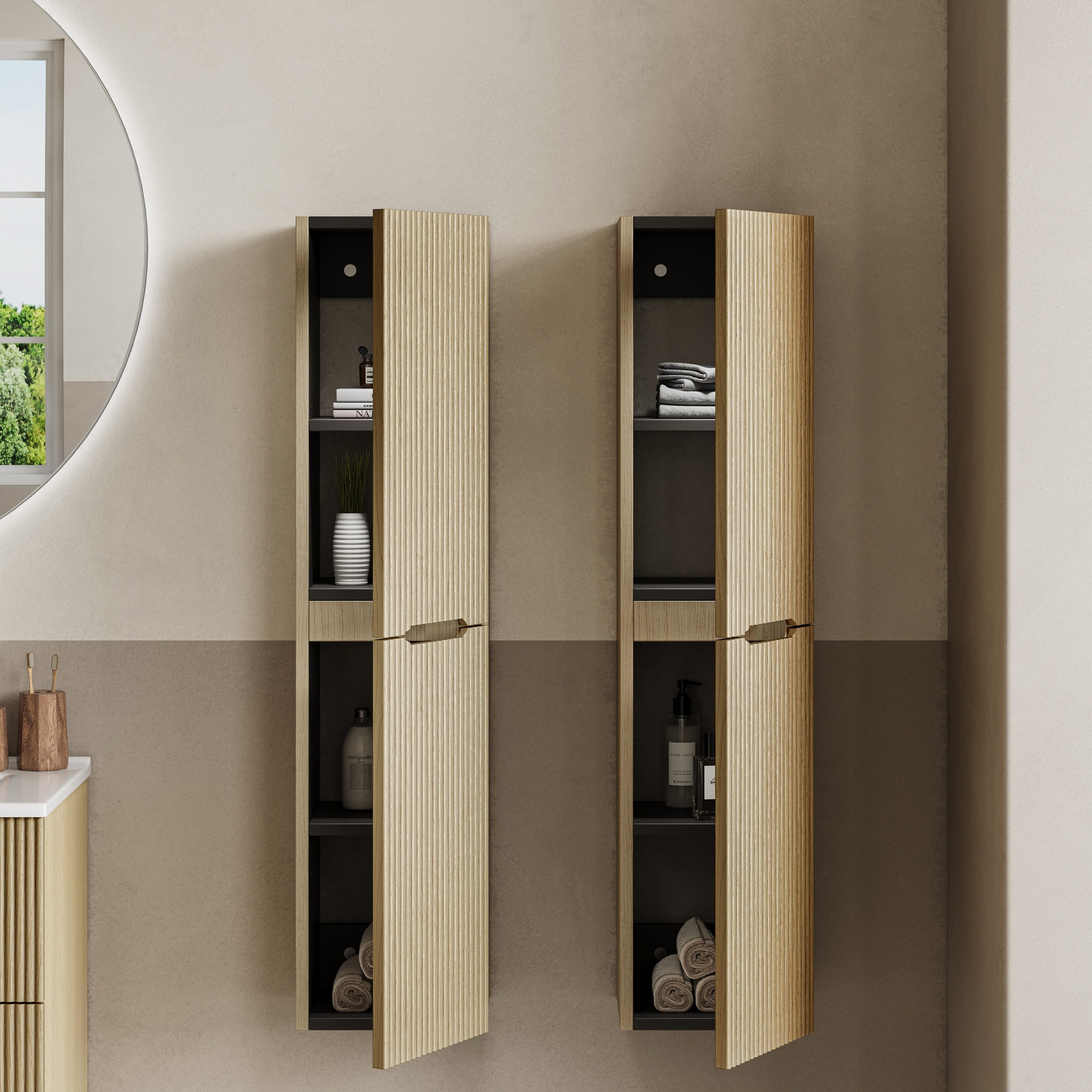 BRIDGE BENO Wandhängeschrank Hoher Badezimmerschrank, 2 Türen Mit Verstellbaren Einlegeböden, 1-tlg., 30 X 110 X 21 cm – Links/rechts Montierbar