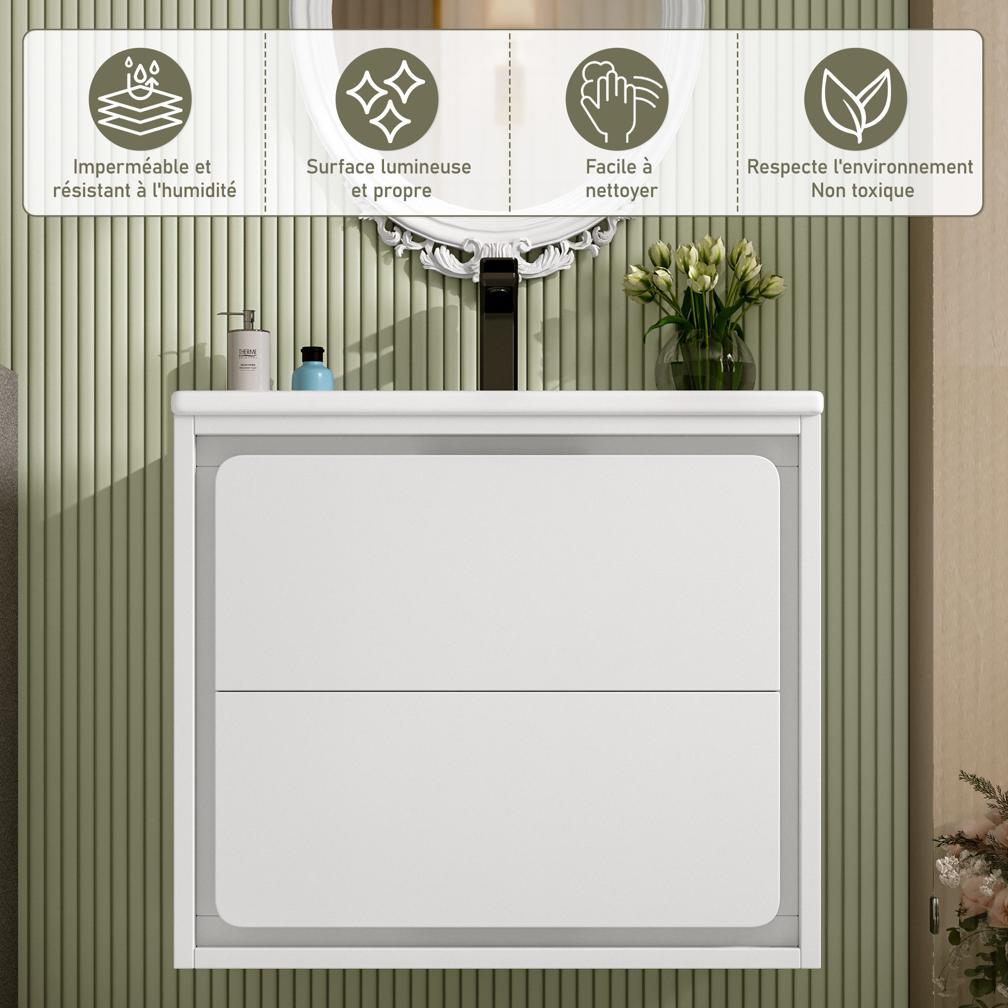 Merax Waschtisch mit LED-Radarsensor-Beleuchtung (stehend Badmöbel Badezimmerschrank Badschrank, 1-St., 60x46x50cm), Waschbeckenunterschrank mit 2 Soft-Close-Schubladen & Waschbecken