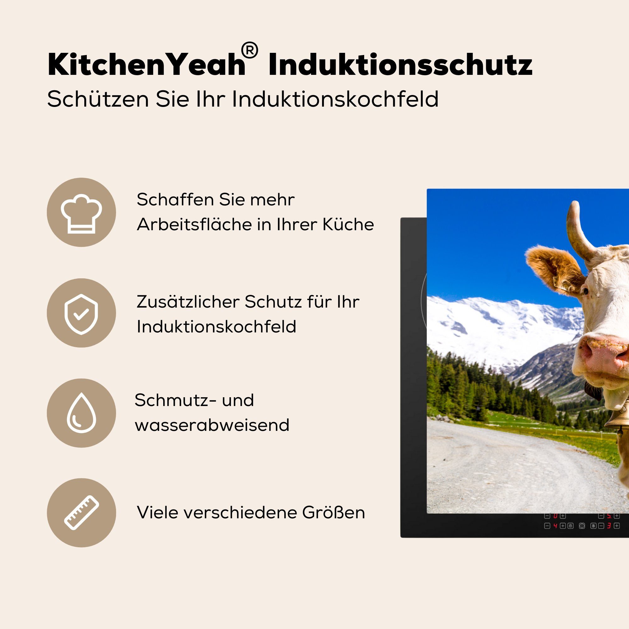 MuchoWow Herdblende-/Abdeckplatte Kuh - Schnee Alpen, Vinyl, die Induktionskochfeld 81x52 - tlg), cm, für Ceranfeldabdeckung Schutz küche, (1