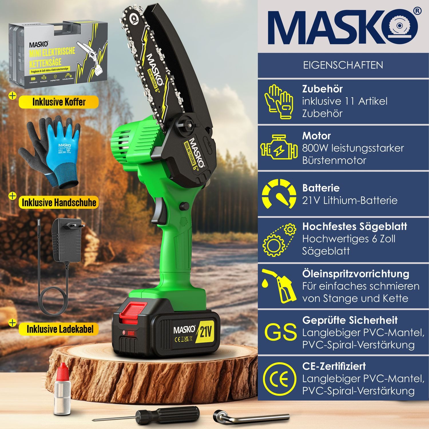 MASKO Akku-Kettensäge Mini Kettensäge 800W Elektrische Motorsäge mit Automatischem Ölsystem, Inkl. Koffer, 2x 4000mAh Akkus, 2x extra Ersatzketten & Handschuhe, 8000mAh Handkettensäge für Astschnitte & Holzarbeiten