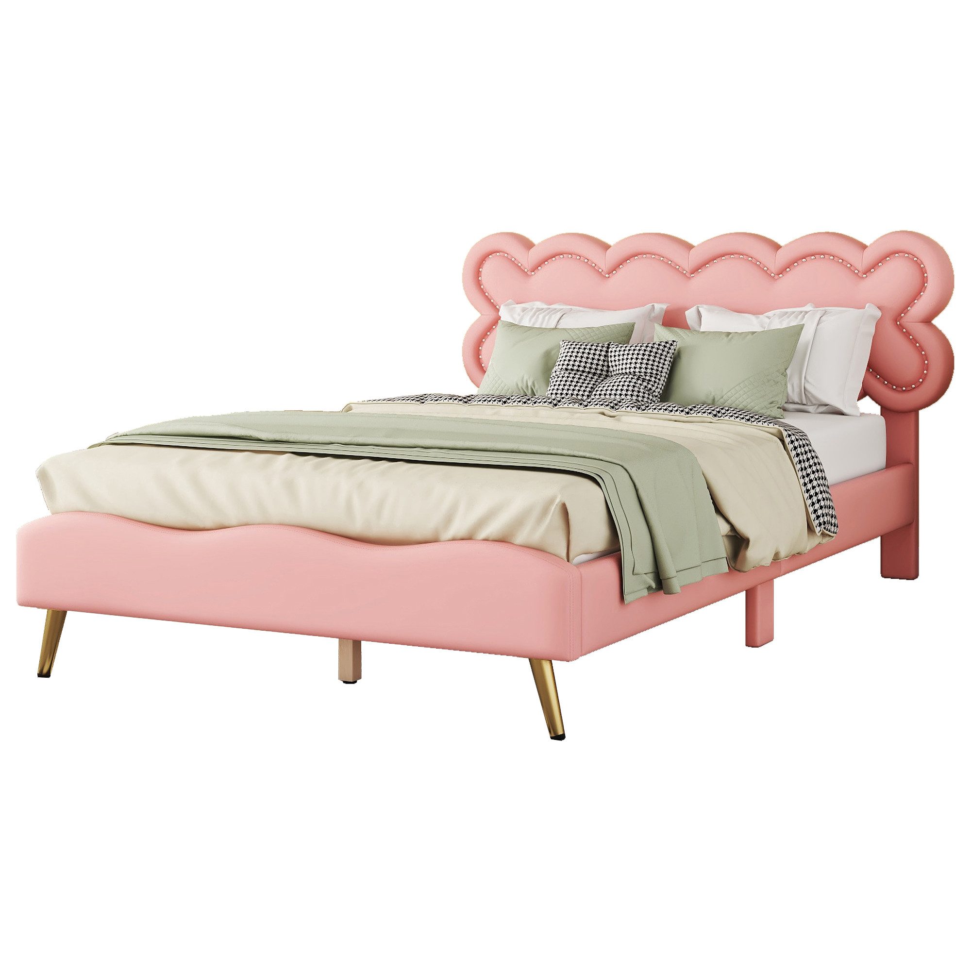 FLIEKS Polsterbett Kunstleder Doppelbett Kinderbett 140x200cm mit Wolkenform-Kopfteil Rosa