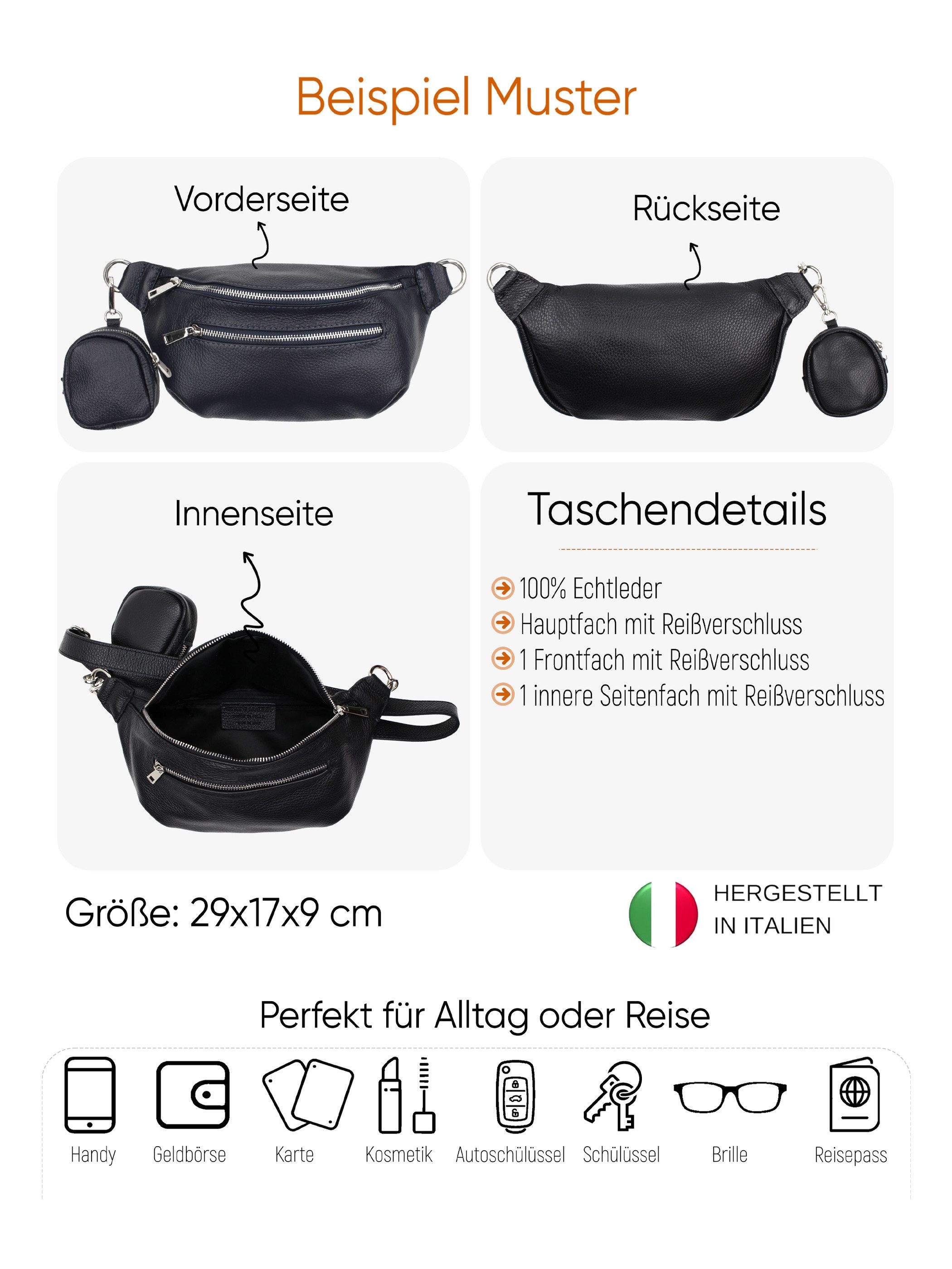 SEVA Gürteltasche Umhängetasche Damen Leder, Crossbody Schultertasche mit Portemonnaie (Vielen Farben), Festival Bauchtasche mit Geldbörse, Made in Italy