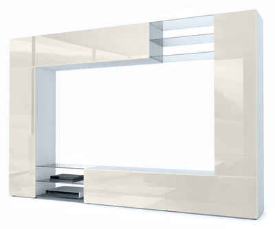 Vladon Wohnwand Mirage, (Anbauwand mit Rückwand mit 2 Türen, 4-St., 2 Klappen und 6 offenen Glasablagen), Weiß matt/Creme Hochglanz (262 x 183 x 39 cm)