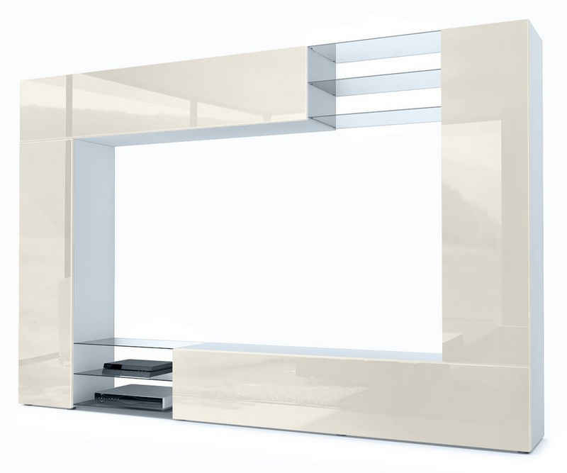 Vladon Wohnwand Mirage, (Anbauwand mit Rückwand mit 2 Türen, 4-St., 2 Klappen und 6 offenen Glasablagen), Weiß matt/Creme Hochglanz (262 x 183 x 39 cm)
