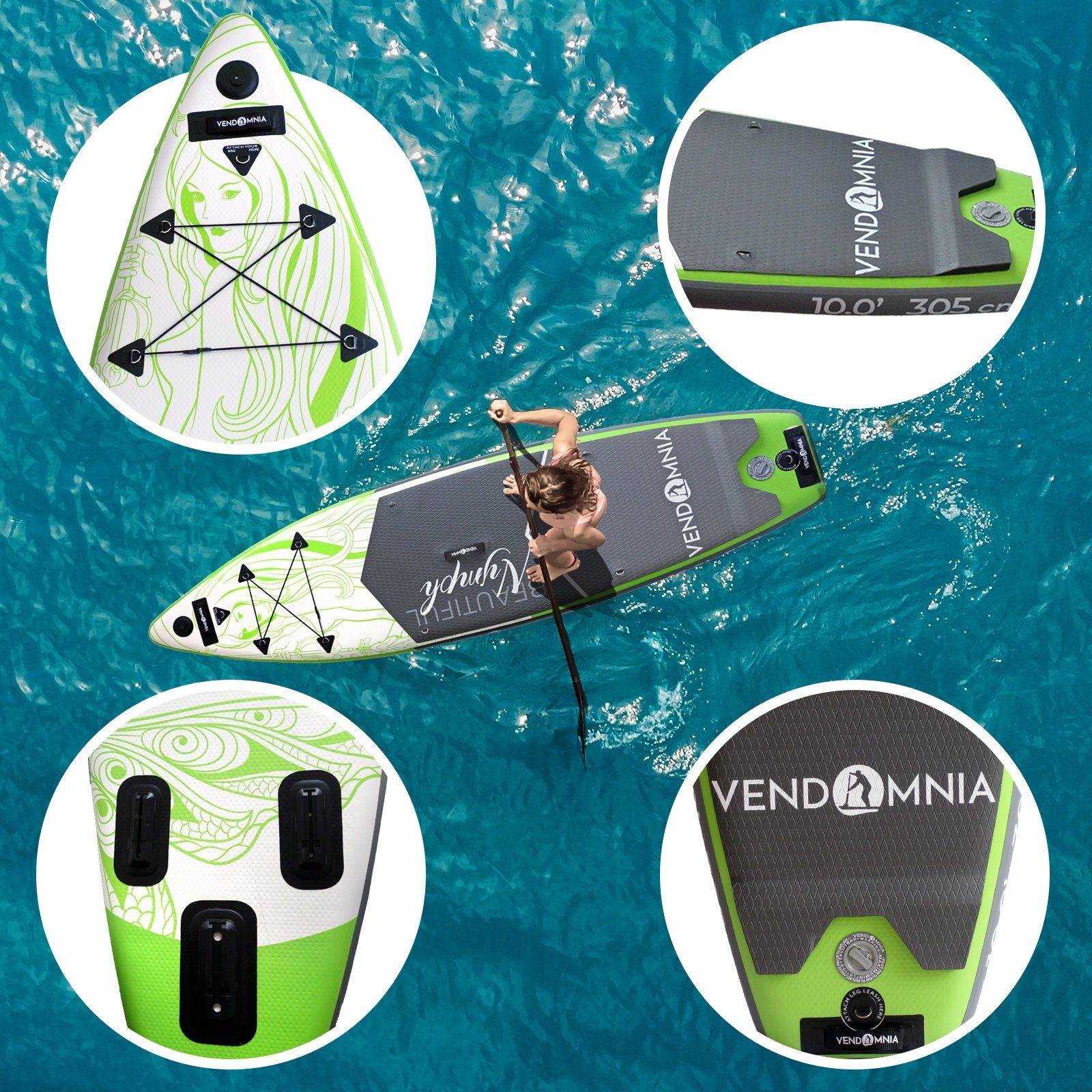 VENDOMNIA SUP-Board aufblasbar, 57 Modelle, Größe 305cm, Stand Up Paddle Board, (15 cm dick, 3 PVC Schichten, max 170 kg), Paddling board, Paddelboard, Surfboard, (Kajaksitz-Rucksack-Pumpe-Doppelpaddel-Cam Holder-Beinleine-Handytasche), Paddel (verstellbar) Max. Länge: 230 cm