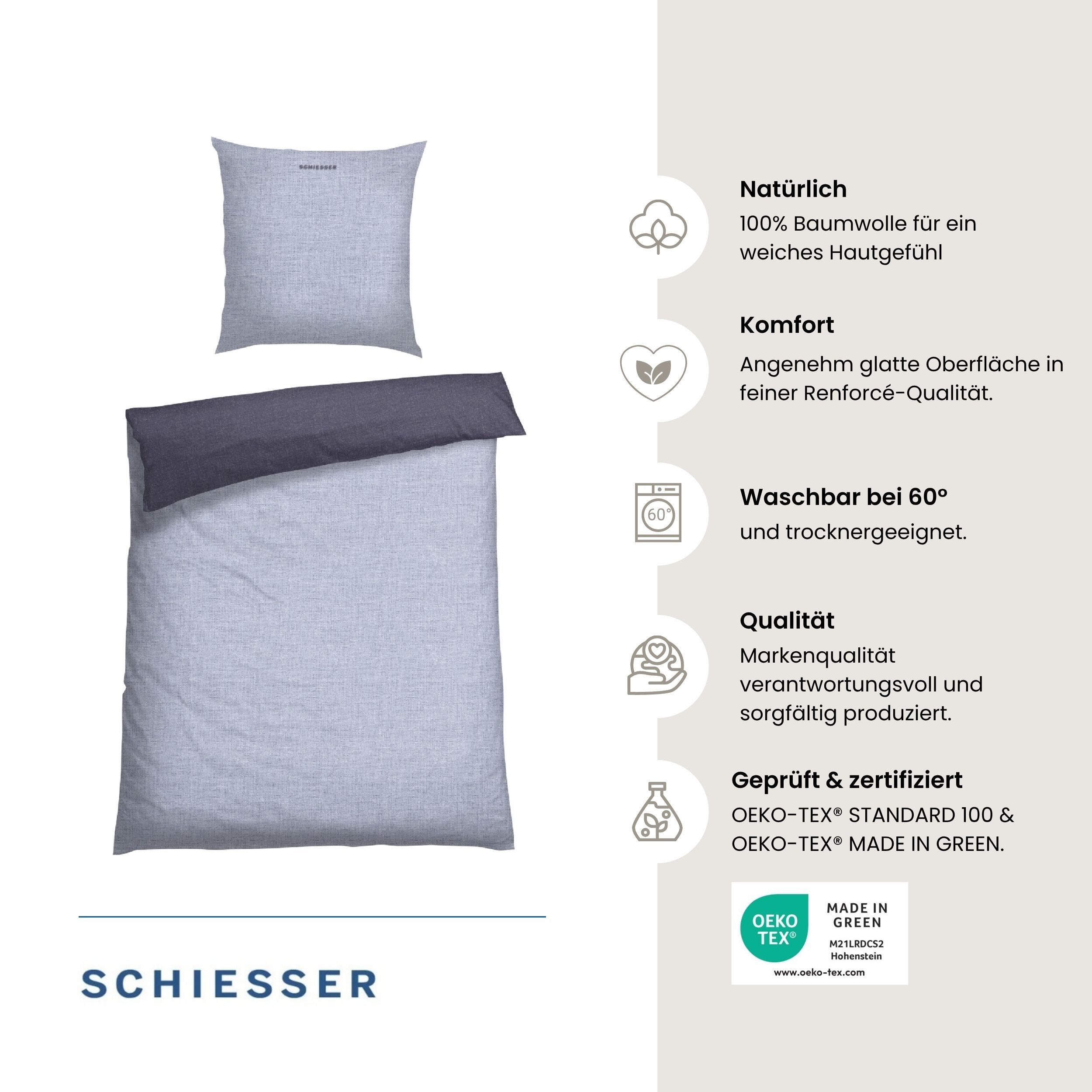 Schiesser Wendebettwäsche Doubleface aus weicher Baumwolle mit edlem Melangeeffekt, Renforcé, 2 teilig, ab Größe 135x200 cm erhältlich, OEKO-TEX® MADE IN GREEN – Bild 2 von 5